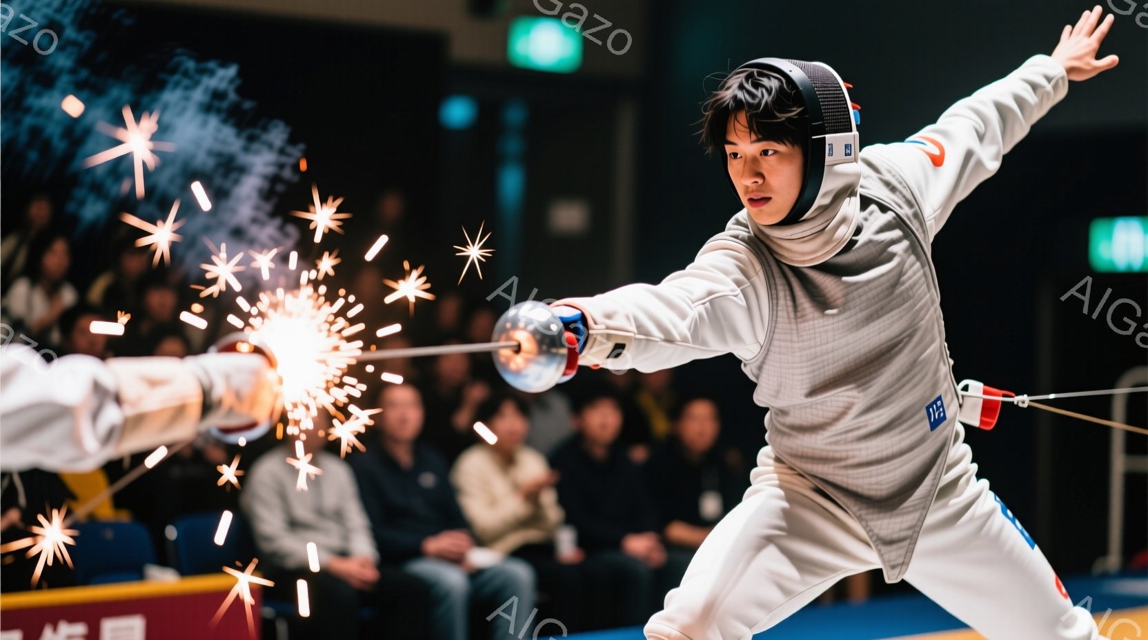 フェンシングの競技者が、白のフェンシングスーツとヘルメットを着用し、剣を構えて攻撃している様子が捉えられています。競技者は、力強い表情で前進し、剣先からは光の粒子のようなエフェクトが飛び散っています。背景にはぼやけた観客席があり、競技場の照明が競技者を照らしています。