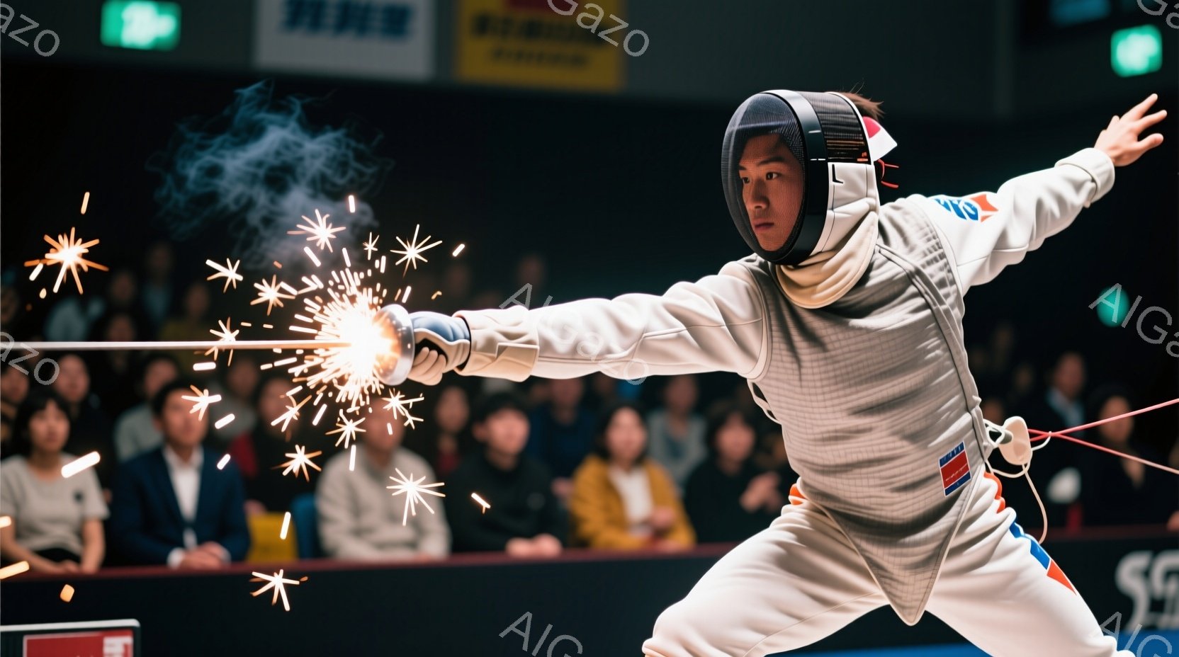 白いフェンシングスーツに身を包んだ男性が、剣を突き出し、競技中の様子が写っている。彼の表情は真剣で、身体は攻撃の勢いを感じさせるポーズを取っている。背景には観客席が見え、試合の臨場感と緊張感が伝わってくる。