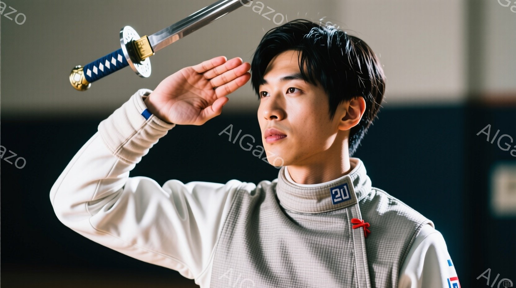 白いフェンシングスーツを着た若い男性が、右手を額に当てて敬礼の姿勢をとっています。黒髪を短く整え、顔には決意と集中が表れています。背景はぼやけていますが、室内のような空間で、フェンシングの練習場か競技場であると思われます。