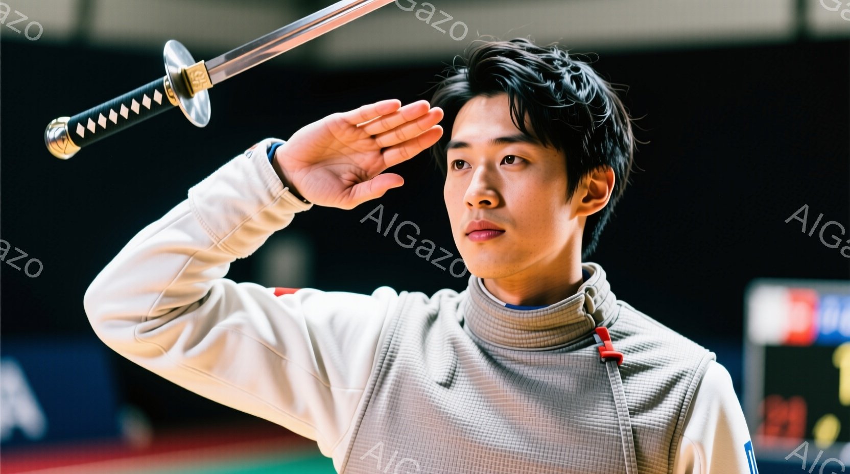 白いフェンシングウェアを着用した若い男性が、片手を上げて敬礼の姿勢をとっています。短髪で、真剣な表情でカメラを見つめており、背景にはぼやけたフェンシングコートの様子が見えます。全体的に集中と尊敬の念が伝わる、凛とした雰囲気の画像です。