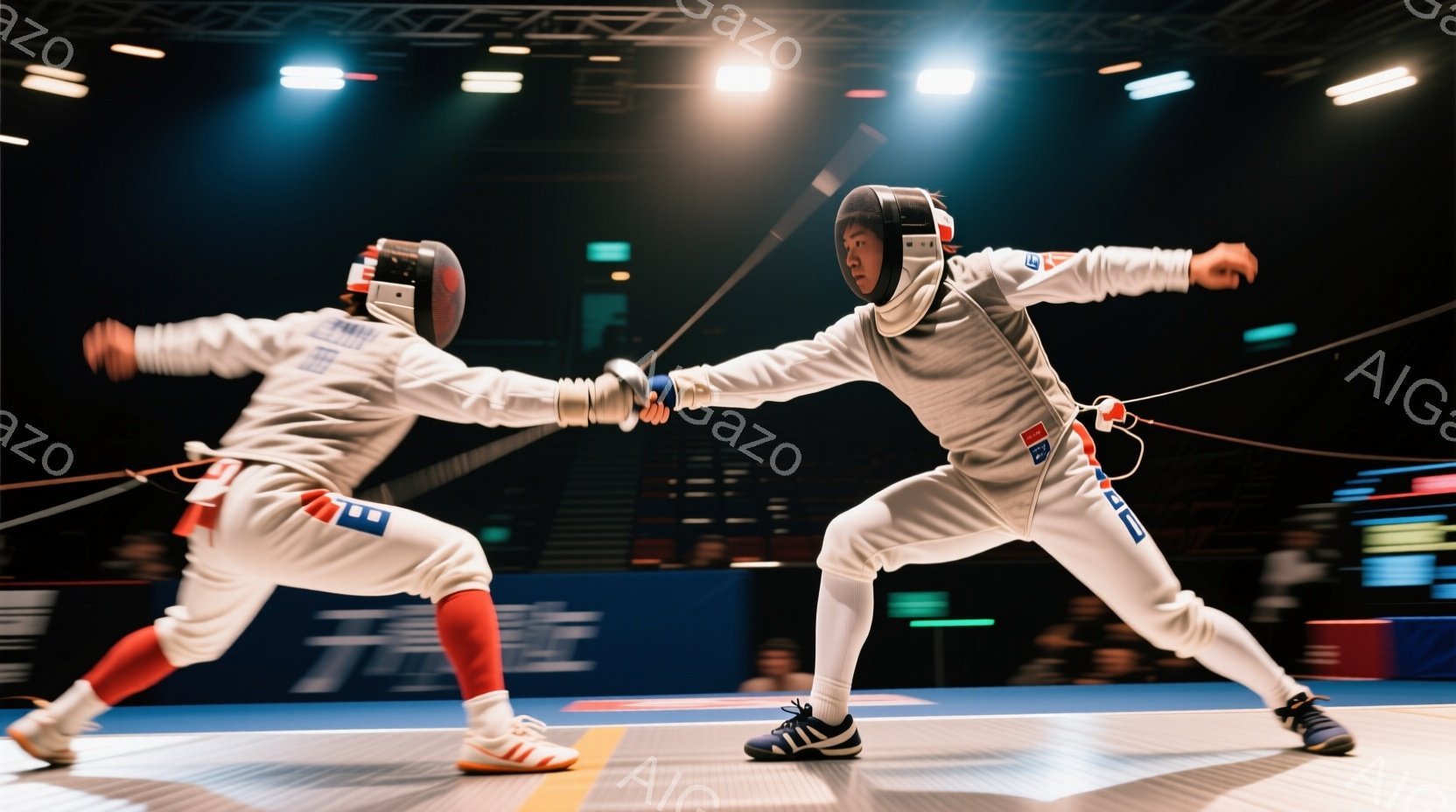 フェンシングの試合中の2人の選手が写っている。両選手とも白いユニフォームとマスクを着用し、剣を構えて互いに向かい合っている。背景は体育館のような室内で、観客席と照明がぼやけて見える。 - AI生成フリー素材