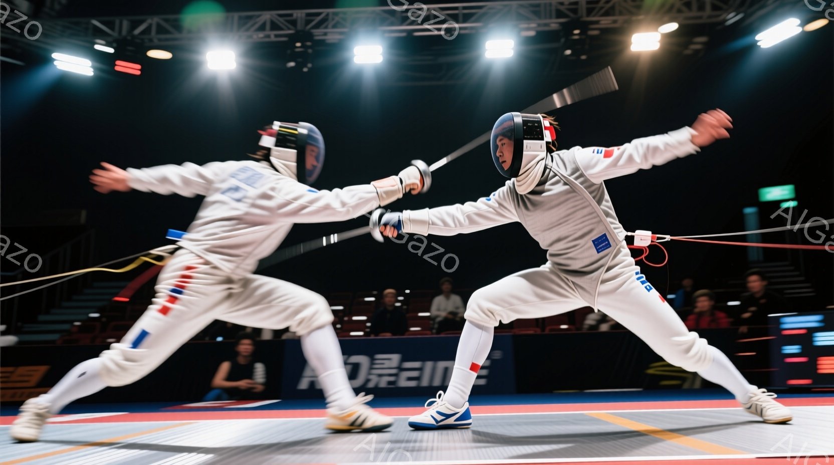 競技場内でフェンシングの試合が行われており、白いフェンシングスーツに身を包んだ二人の選手が対峙している。選手たちはそれぞれ剣を構え、攻撃または防御の姿勢を取っており、動きの速さから試合の緊張感が伝わっ - AI生成フリー素材