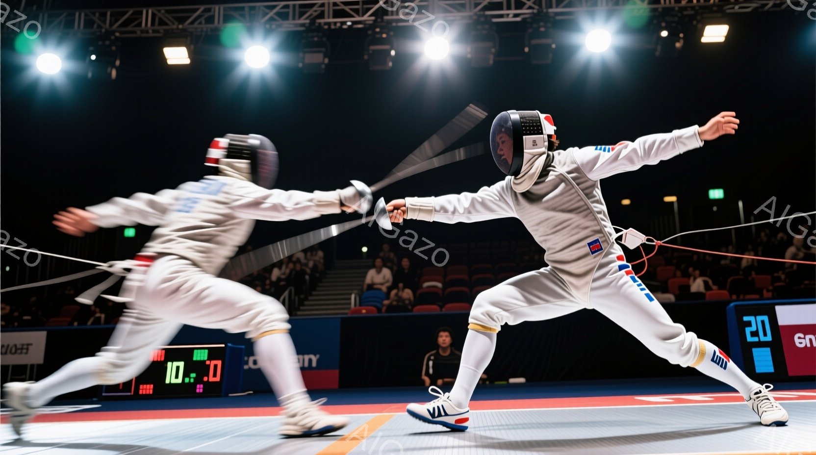 競技中のフェンサー2人が写っている。白のフェンシングユニフォームとヘルメットを着用し、片手に剣を持って互いに向かい合っている。背景は観客席で、デジタルスコアボードが表示され、全体的に運動競技の緊張感と躍動感が伝わってくる。
