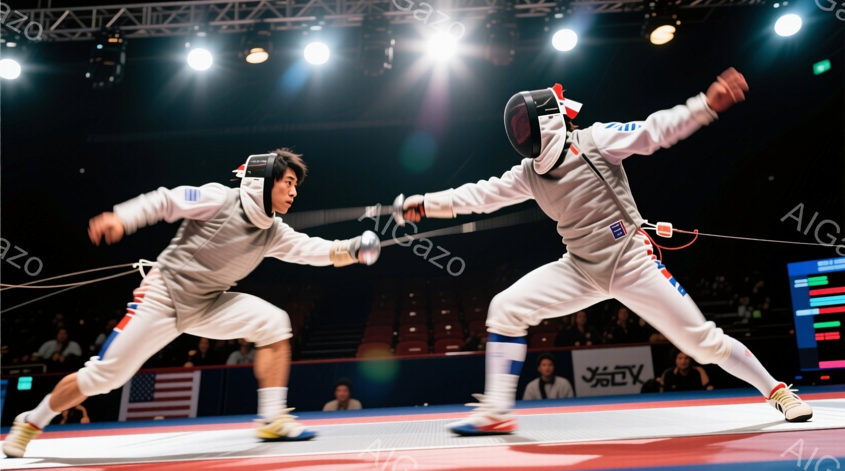 フェンシングの試合中の2人の選手が写っている。彼らは白いフェンシングスーツとマスクを着用し、剣を構えて互いに向かい合っている。背景にはぼやけた観客席があり、競技場の照明が明るく、競技の緊張感と活気を感 - AI生成フリー素材