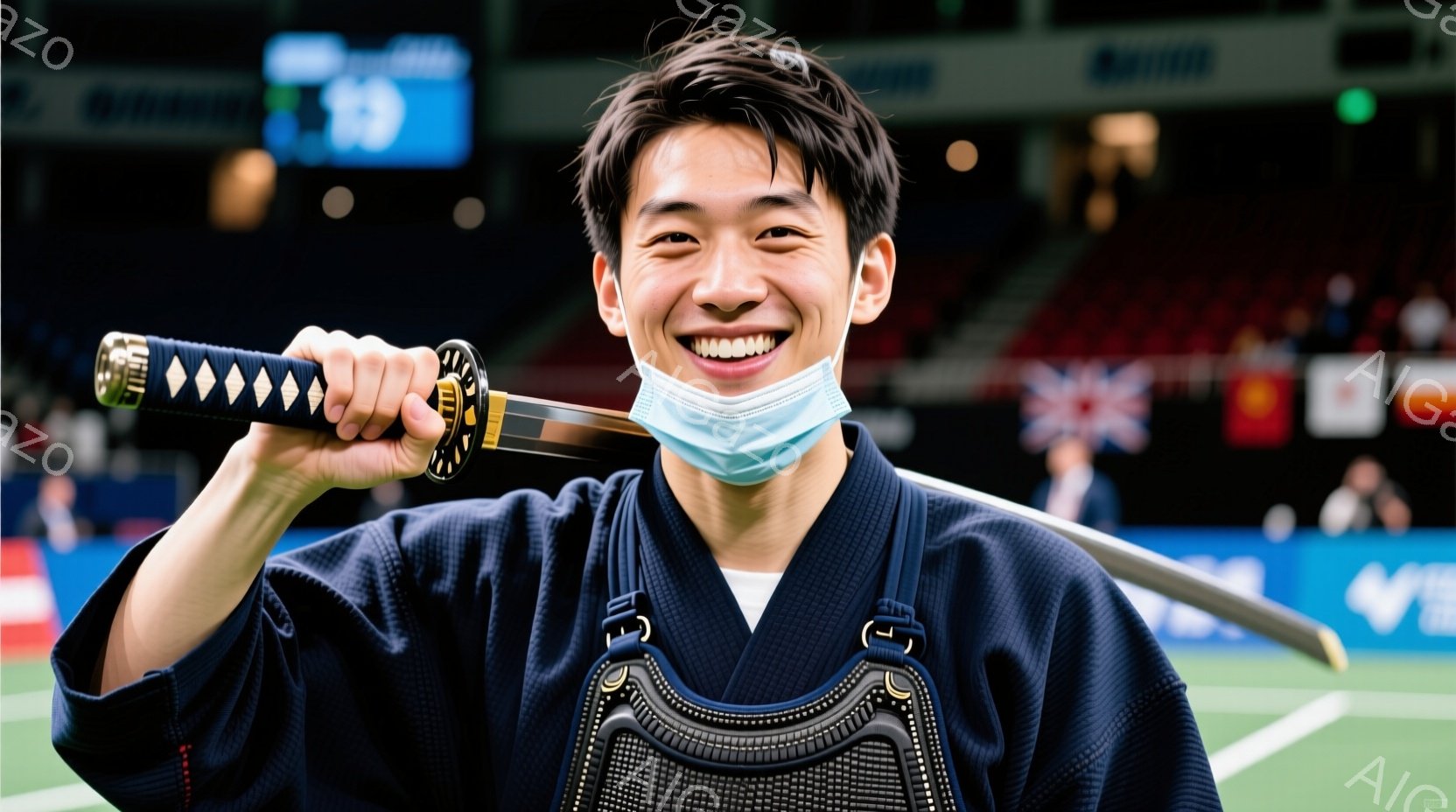 笑顔の若い男性が、黒色の袴と藍色の着物、そして黒色の胴着を身につけています。彼は片手に刀を持ち、満面の笑みを浮かべています。背景には観客席が見え、様々な国の国旗が掲げられており、競技会場のような雰囲気 - AI生成フリー素材