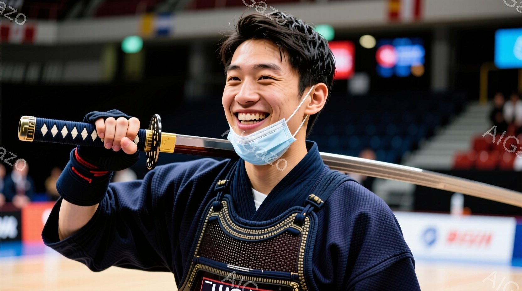 若い男性が、藍色の武道着と胴着を身につけ、面頬の一部を装着して微笑んでいます。彼は片手に刀を持ち、刃を肩に担いでいます。背景には観客席が見え、競技会場のような室内空間であることがわかります。 - AI生成フリー素材