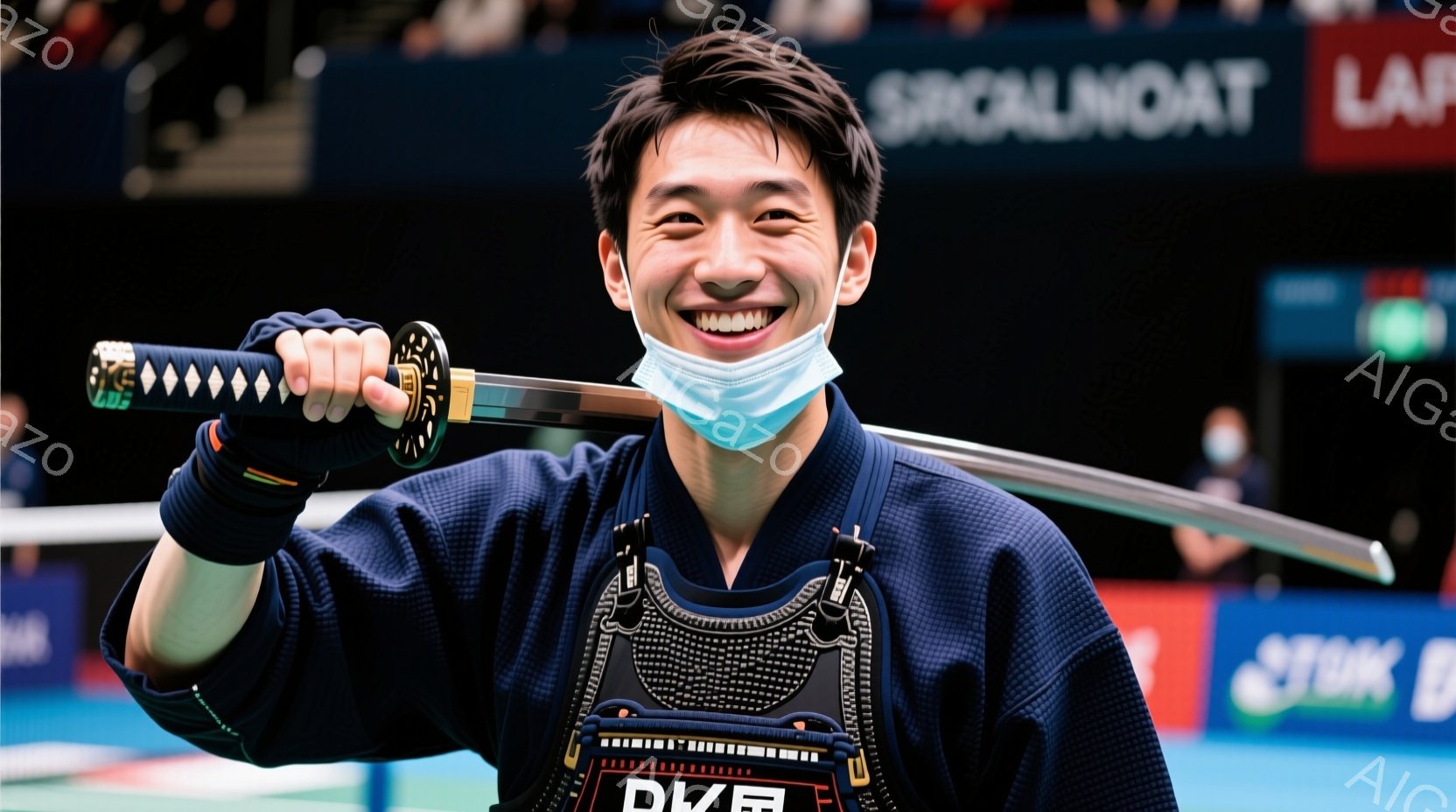 剣道着を着用した若い男性が、笑顔で竹刀を高く掲げています。彼は黒いマスクをしており、髪型は短髪です。背景にはぼやけた観客席と、いくつかの広告が表示されており、競技会場のような場所であることがわかります - AI生成フリー素材