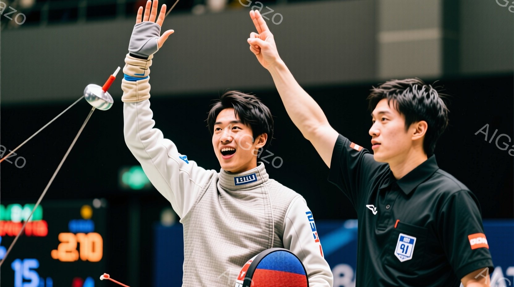 フェンシングの競技者が勝利を喜び、片手を高く上げています。青と白のフェンシングユニフォームを着用し、短髪で笑顔を見せています。背景にはスコアボードが見え、競技会場の賑やかな雰囲気が伝わってきます。 - AI生成フリー素材