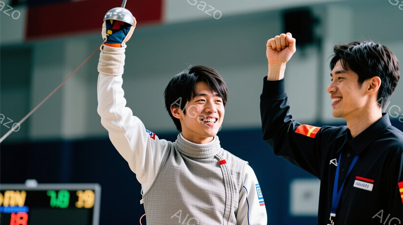 フェンシングの試合後、笑顔の青年が右手を高く上げて喜びを表現している。白と青のフェンシングユニフォームに身を包み、短髪で明るい表情を見せている。背後には同じように笑顔の青年がおり、こちらもフェンシング - AI生成フリー素材