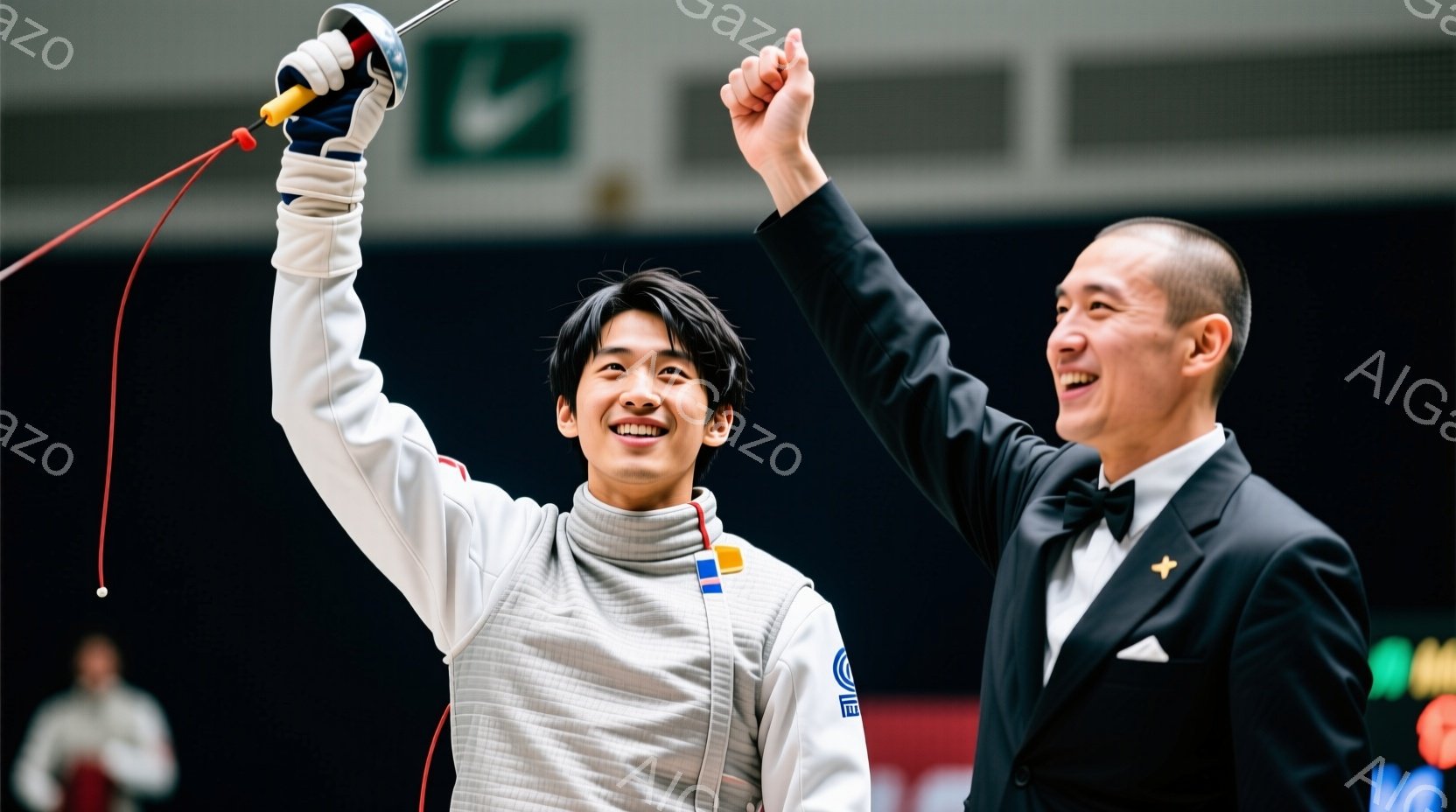 フェンシングの競技者が喜びの表情で片手を高く上げ、もう一方の手にはフェンシングの剣を持っています。競技者の服装は白のフェンシングスーツで、髪型は短髪です。背景は暗く、他の観客や競技者がぼんやりと見え、 - AI生成フリー素材