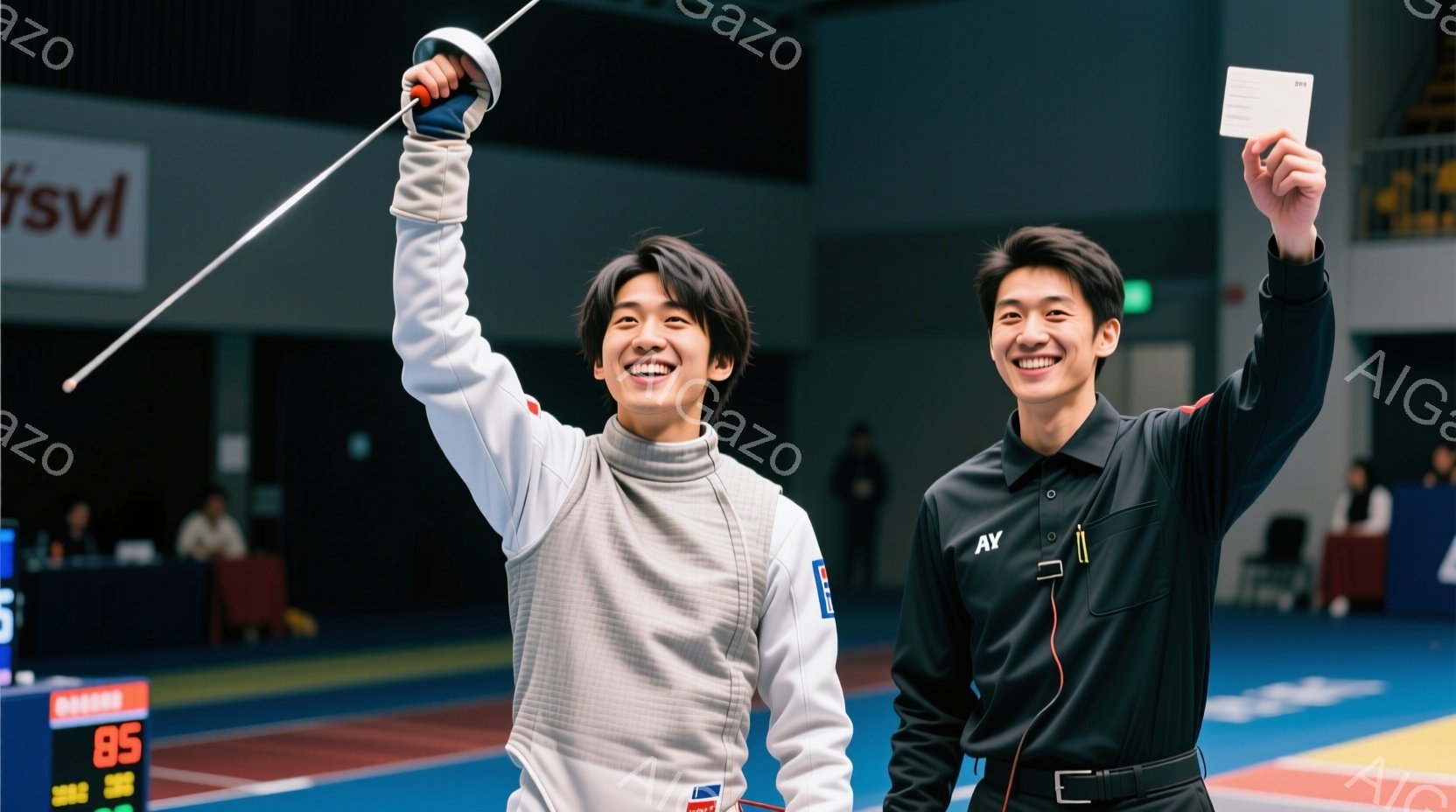 フェンシングの試合後と思われる二人の若い男性が写っています。片方は白いフェンシングスーツに身を包み、顔には喜びの表情が浮かび、フェンシングの剣を高く掲げています。もう一人は黒いジャケットにズボンを着用 - AI生成フリー素材