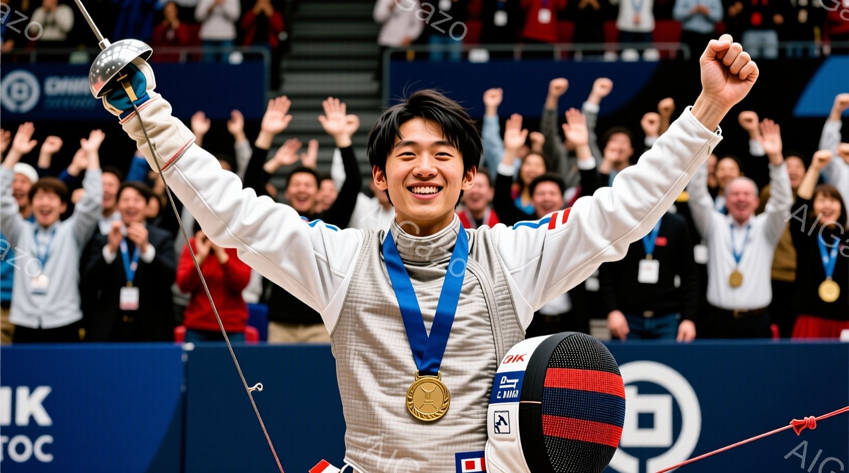 フェンシング競技で金メダルを獲得した若い日本の男性選手を描写しています。彼はフェンシングのユニフォームを着て、首には金メダルが輝き、満面の笑みを浮かべ、両腕を高く上げて勝利を喜んでいます。背景には観客 - AI生成フリー素材