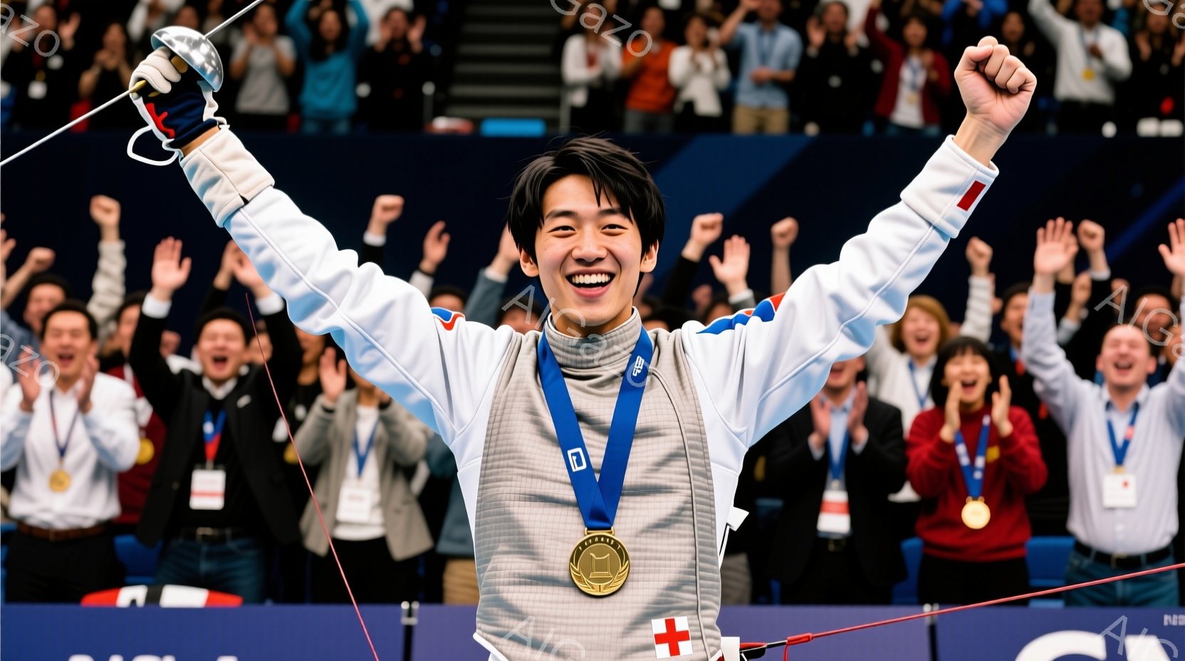 フェンシングの競技者が金メダルを首にかけて、両腕を高く上げて歓喜している様子を捉えています。彼は白いフェンシングスーツを着ており、短髪で、満面の笑みを浮かべています。背景には観客席が広がり、人々が拍手 - AI生成フリー素材
