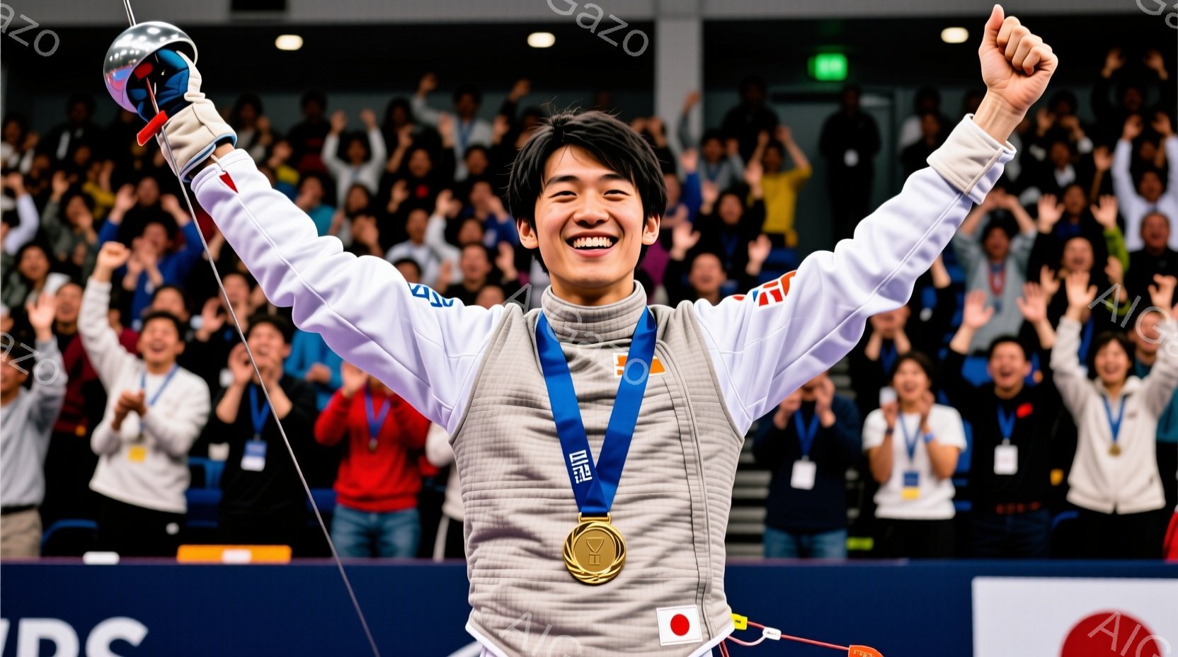 競技者はフェンシングのユニフォームを着用し、金色のメダルを首から下げています。彼は両腕を高々と上げ、満面の笑みを浮かべて喜びを表現しており、背景には観客席が広がり、多くの人々が彼を祝福しています。会場 - AI生成フリー素材