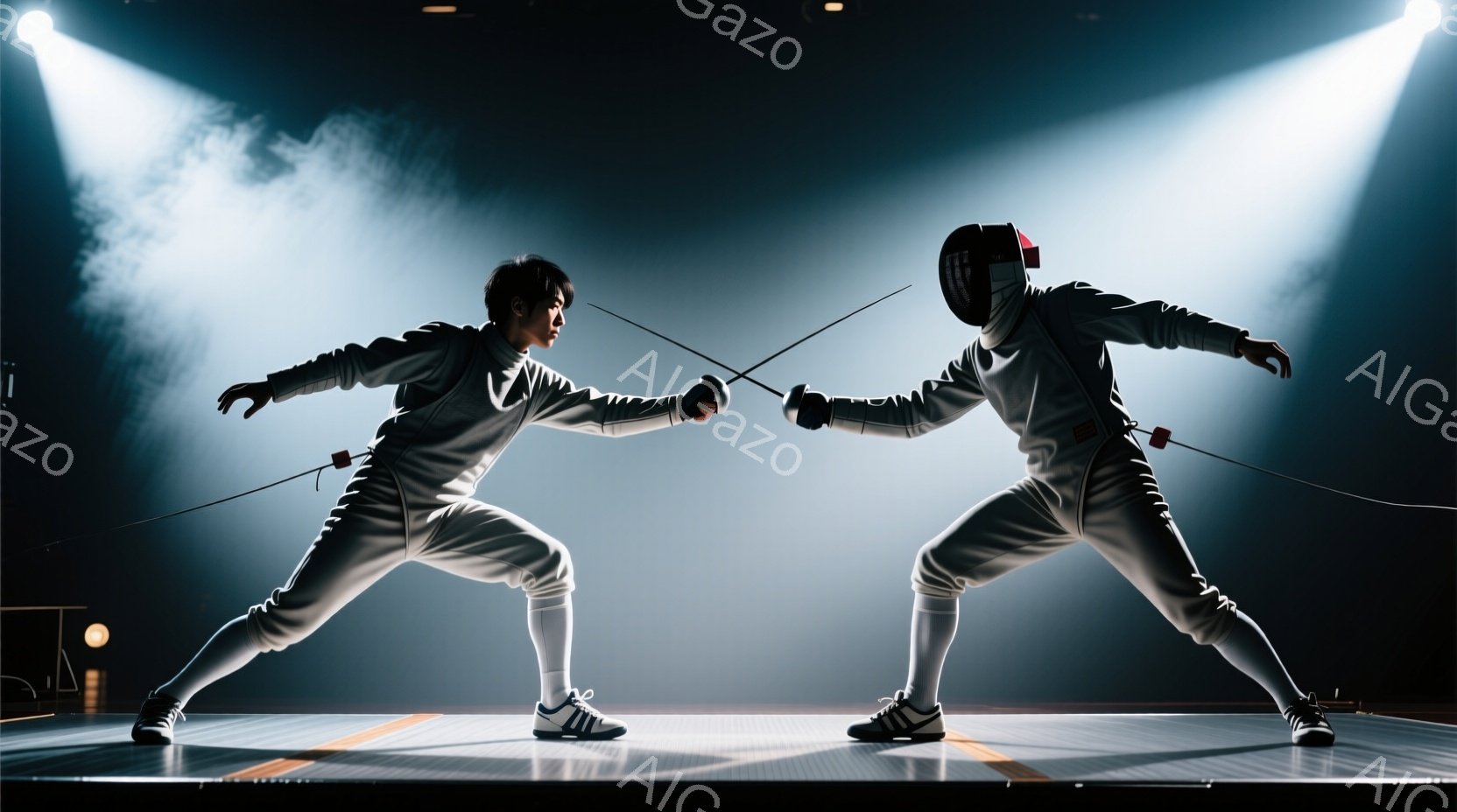 二人のフェンサーが、フェンシングの試合中に、互いに剣を構えて対峙している様子が描かれている。彼らは白いフェンシングスーツ、プロテクター、そしてスニーカーを着用しており、緊張感のある表情と、動きやすい姿勢で、集中して対決を見つめている。背景は暗く、スポットライトが二人を照らし、競技場の床がわずかに見えるのみで、試合の激しさと緊張感を強調している。