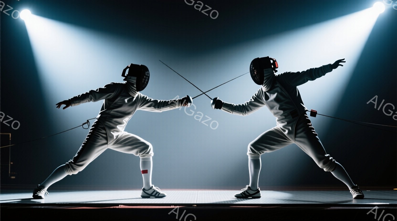 二人のフェンサーが、フェンシングの試合中に互いに剣を向けている様子が写っている。白いフェンシングスーツとヘルメットを着用し、緊張感のある姿勢で対峙している。背景は暗く、スポットライトが二人を照らし出し、競技場の床が照らされている。