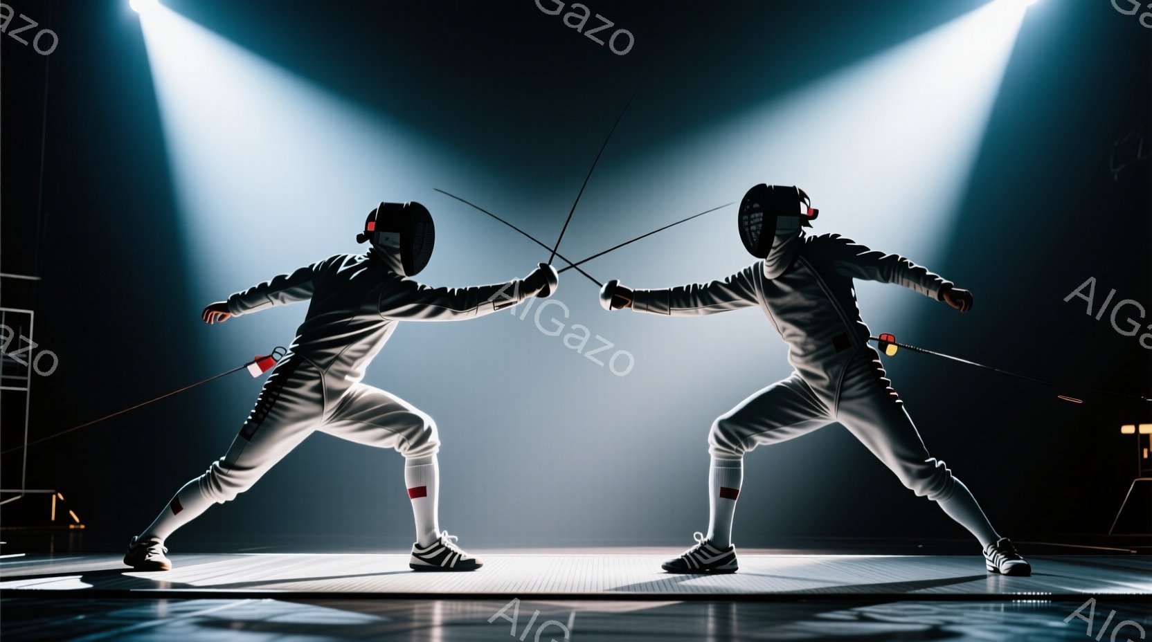 2人のフェンサーが、競技場で互いに剣を構え、対峙している。白のフェンシングスーツとヘルメットを身につけ、姿勢は緊張感に満ちており、決定的瞬間を捉えようとしているかのようだ。背景は暗く、スポットライトが2人を照らし出し、競技場の緊迫した雰囲気を強調している。