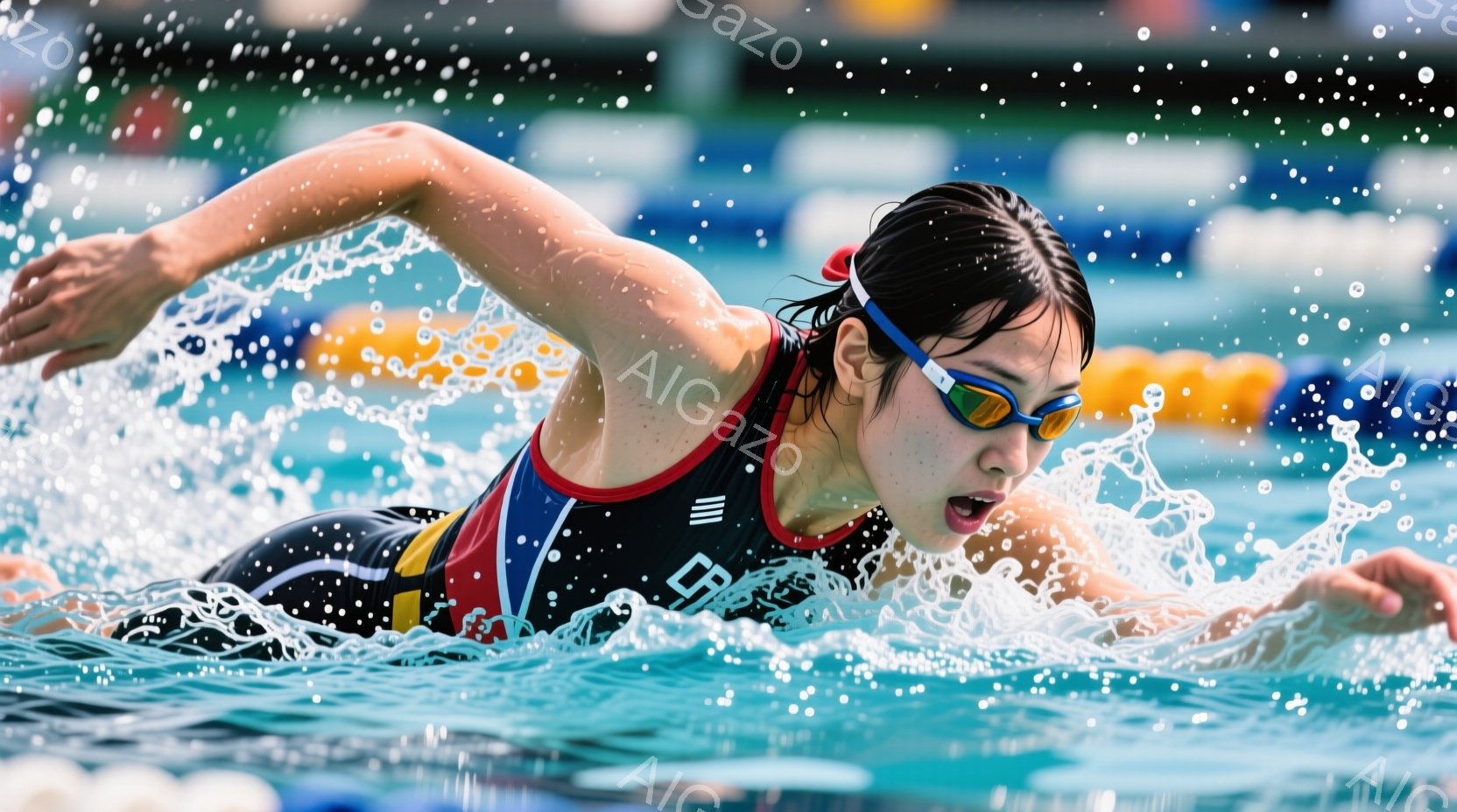 水泳選手が力強くクロールで泳いでいる様子が捉えられています。彼女は黒、赤、黄色のスポーティーな水着を着用し、髪は後ろでまとめられています。水面には水しぶきが飛び散り、背景にはプールのレーンと、ぼやけたオレンジ色の浮き輪が見えます。