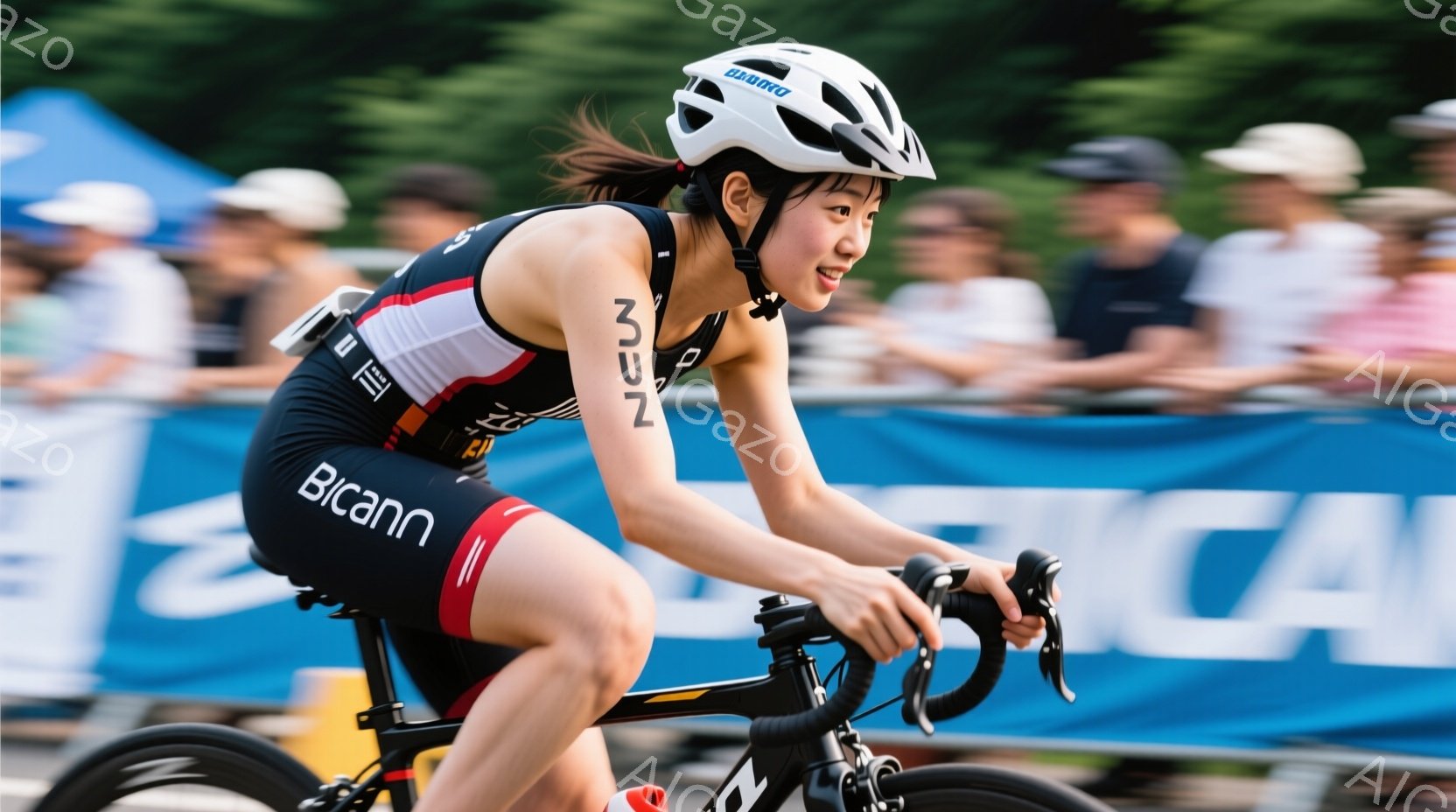 この女性はトライアスロンのレースで自転車に乗っています。黒と赤のレーシングスーツとヘルメットを着用し、集中した表情で前を見据えています。背景にはぼやけた観客席と「Bicann」というロゴが見え、晴れた日の競技会が行われている様子が伺えます。