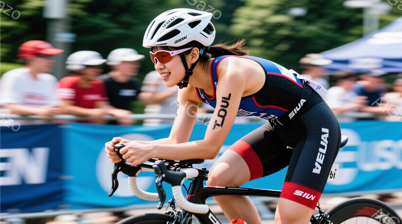 この女性はトライアスロンのレースで自転車に乗っており、黒と赤のレーシングスーツ、ヘルメット、サングラスを着用しています。彼女は前かがみになり、ハンドルバーをしっかりと握り、集中した表情でペダルを漕いで - AI生成フリー素材