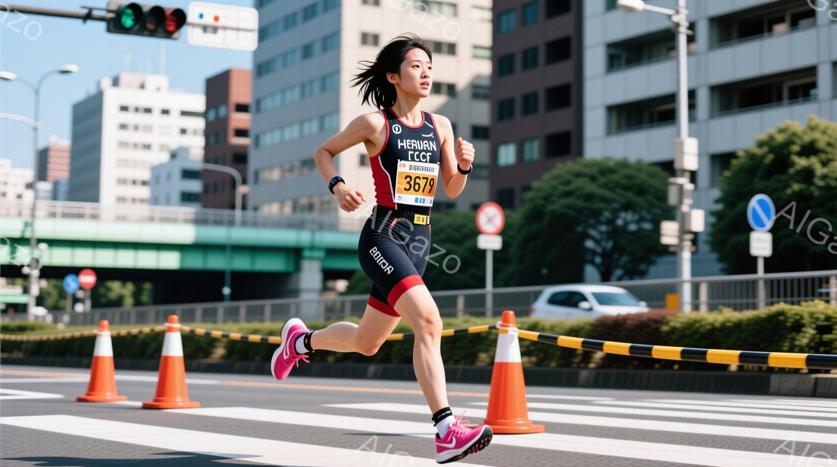 競技場の路上を走る女性ランナーが写っている。彼女は黒のランニングウェア、ピンクのシューズ、そして頭にヘアバンドを着用し、競技番号が貼られたビブスをつけている。背景には高層ビルや交通標識が見え、晴天の下、活気のある競技会の雰囲気が伝わってくる。