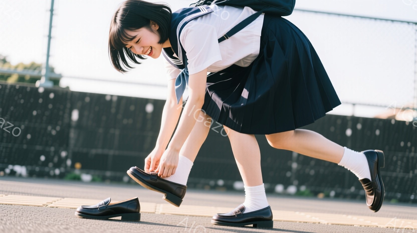 制服姿の女子学生が、靴紐を結びながら少し前かがみになっている。彼女は白いソックスと黒い革靴を履いており、明るい笑顔を見せている。背景にはグレーの壁と、日差しが差し込む屋外の空間が広がっており、全体的に活気ある雰囲気である。