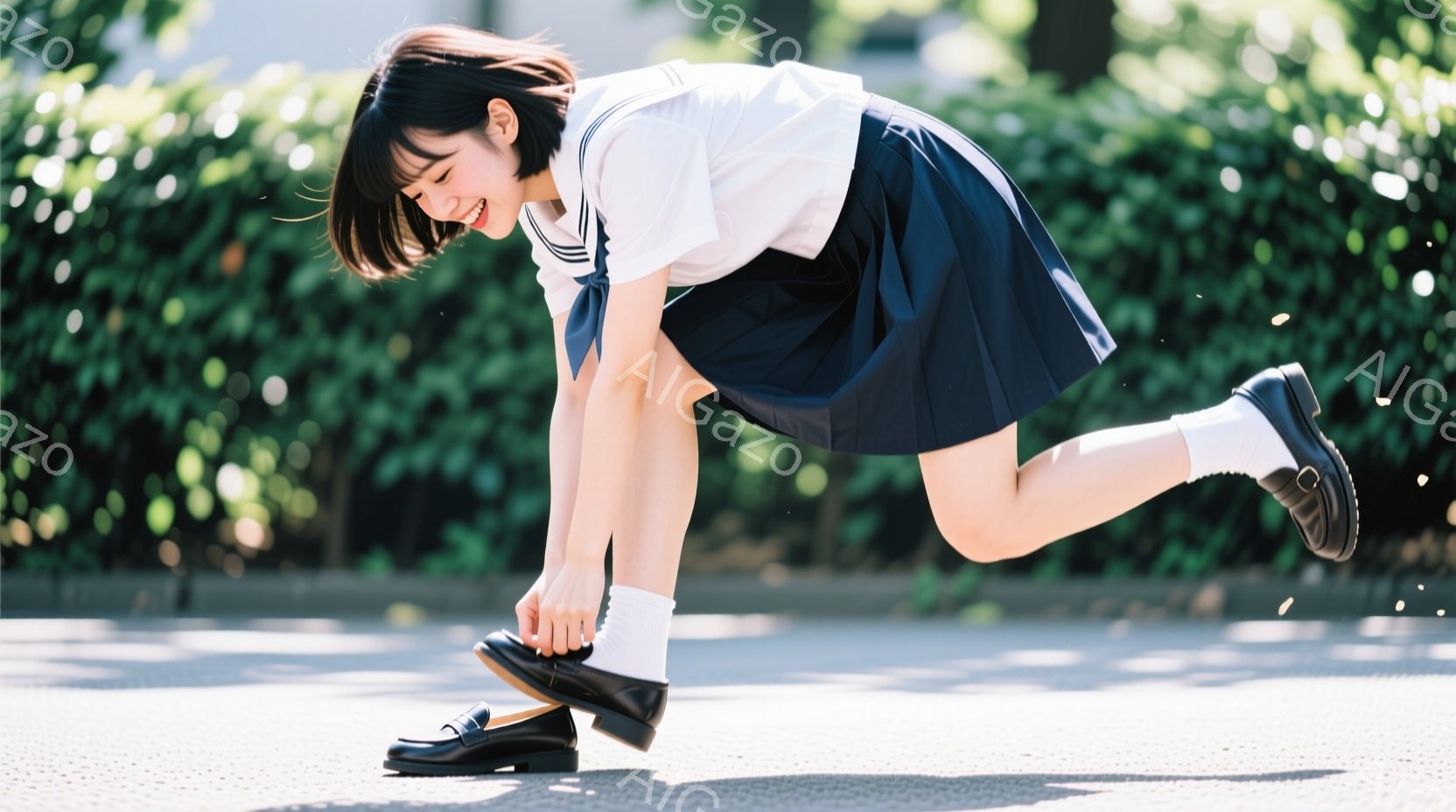 制服を着た女子高生が、靴ひもを結びながら片膝をついています。彼女は明るい笑顔で、白いシャツと紺色のスカート、そして白い靴下を履いています。背景には緑の茂みが広がっており、晴れた日の穏やかな雰囲気が漂っています。
