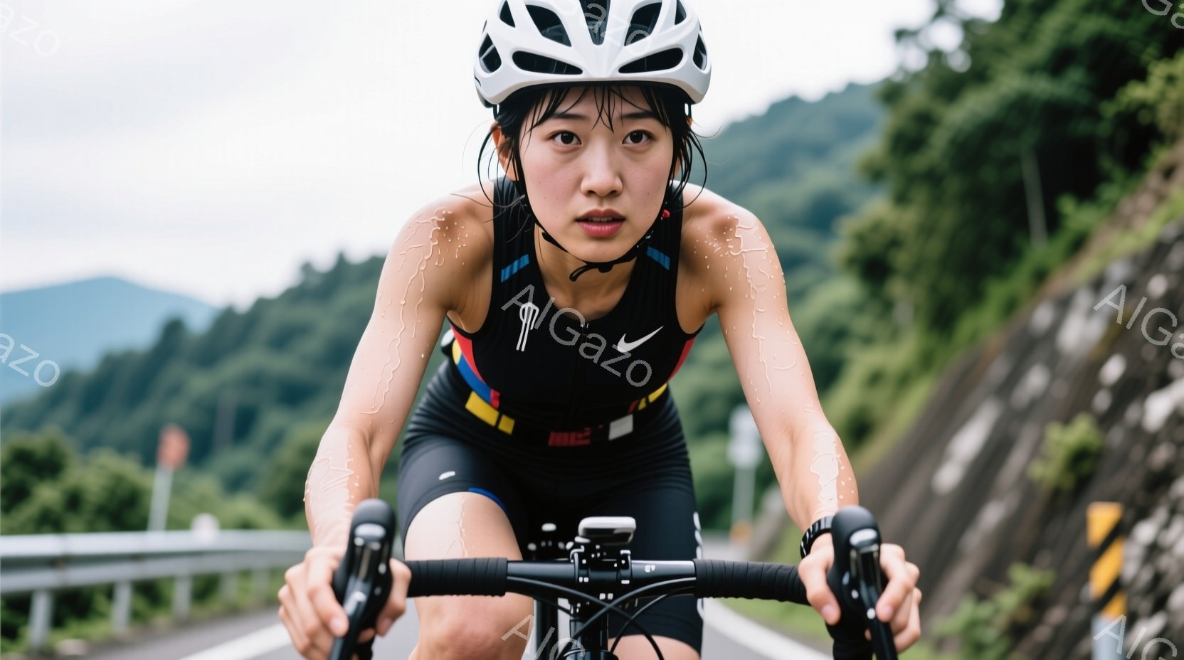 ロードバイクに乗る女性アスリートを捉えている。彼女は競技用のトライスーツを着用し、汗で濡れた肌が印象的だ。背景には緑豊かな山々が広がり、アスファルトの道路が続いている。 - AI生成フリー素材