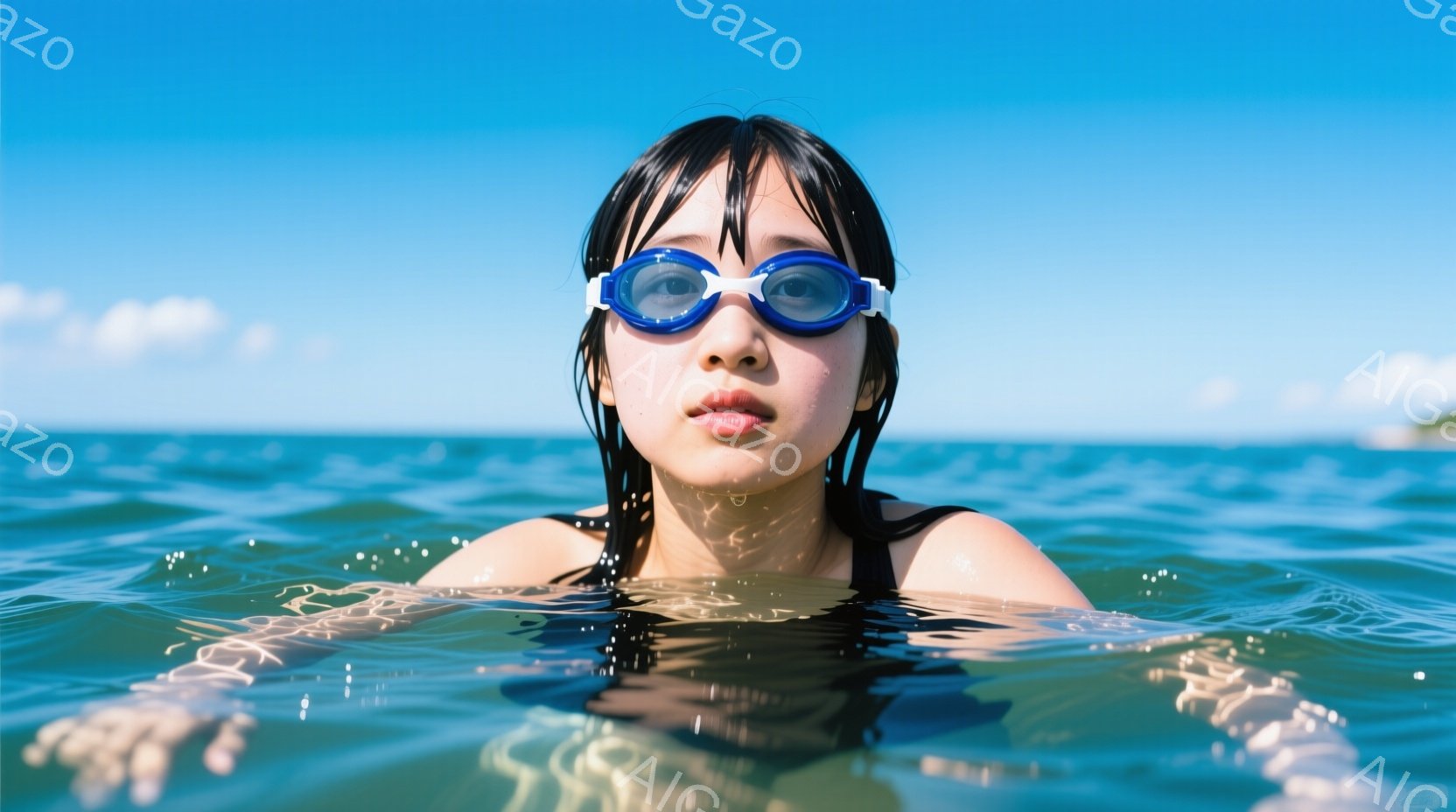 水中で顔を水面に出した女性が写っている。黒髪を水で濡らし、水泳ゴーグルを着用し、わずかに微笑んでいる。背景は青い海と穏やかな波で、晴れた日のリラックスした雰囲気が漂っている。 - AI生成フリー素材