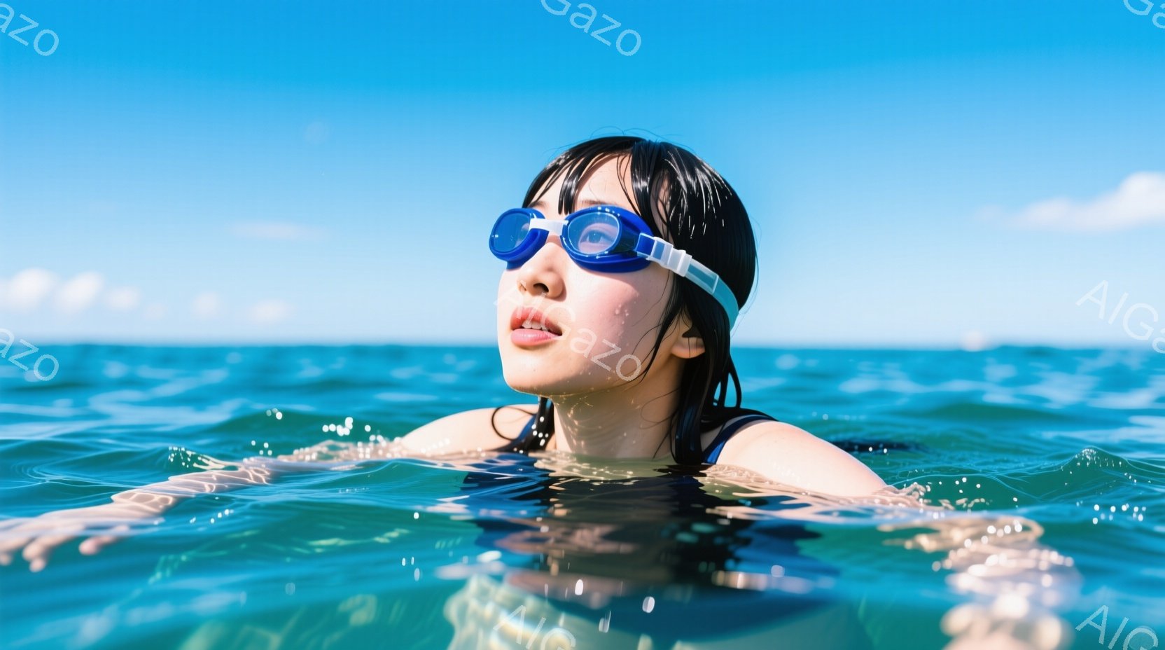 水色のゴーグルをつけた女性が、水中に上半身を浸けている。黒髪は濡れて額に張り付き、わずかに微笑んだ表情で、リラックスした様子が伺える。背景には穏やかな青い海が広がり、晴天の下、水面にはキラキラと光が反 - AI生成フリー素材