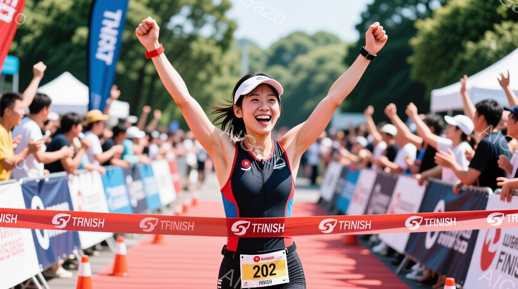 この女性は、マラソンやトライアスロンなどの競技のフィニッシュラインを走り抜けている様子が写っています。彼女は黒と青のレーシングスーツを着て、頭には白い帽子を被り、顔には勝利の笑顔が浮かんでいます。背景 - AI生成フリー素材