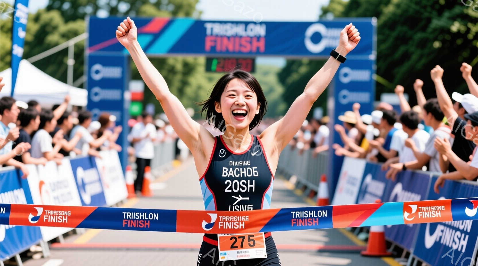 トライアスロンのフィニッシュラインを駆け抜ける女性アスリートが写っています。彼女は黒のトライアスロンウェアに、髪をポニーテールにし、満面の笑みを浮かべながら両手を高く上げています。背景には観客席と緑豊 - AI生成フリー素材