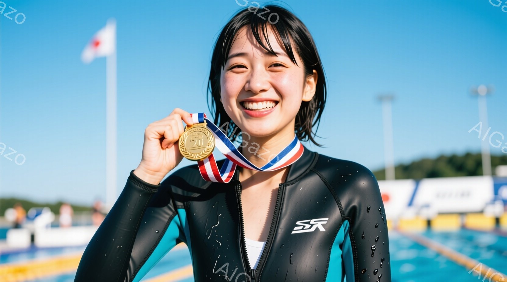 水泳競技会の後、女性アスリートが満面の笑みで金メダルを掲げています。彼女は黒色の水着姿で、濡れた髪を耳にかけるようにしています。背景には水泳プールと青空、遠くには緑豊かな自然が見え、晴天の下で勝利を喜 - AI生成フリー素材