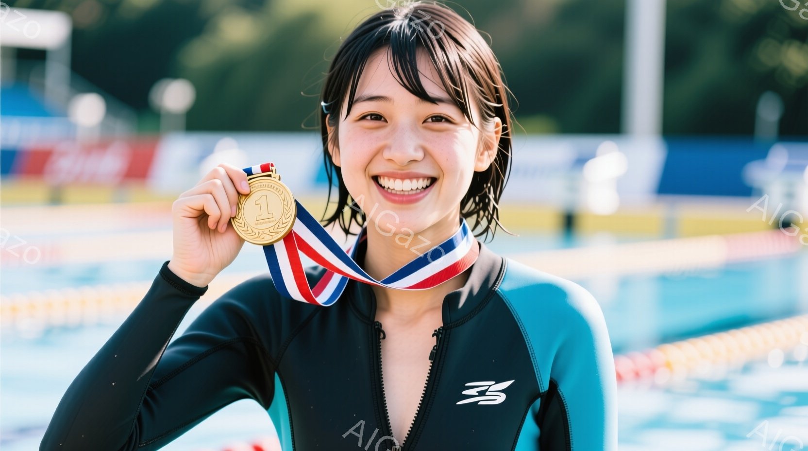 水泳競技の選手と思われる女性が、笑顔で金メダルを掲げています。彼女は黒色の水着のようなスーツを着ており、髪は短くカットされ、少し濡れています。背景には水泳プールと、ぼやけた緑の木々が見え、晴れた日の競技会の雰囲気が伝わってきます。