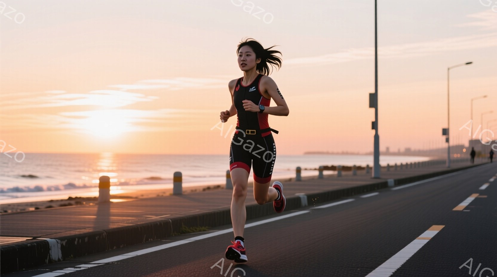海沿いの道路を走る女性が写っている。黒のトライスーツに赤いラインが入っており、髪は後ろで一つに結ばれている。夕焼け空の下、彼女は前方に視線を向け、力強く走り続けている。 - AI生成フリー素材