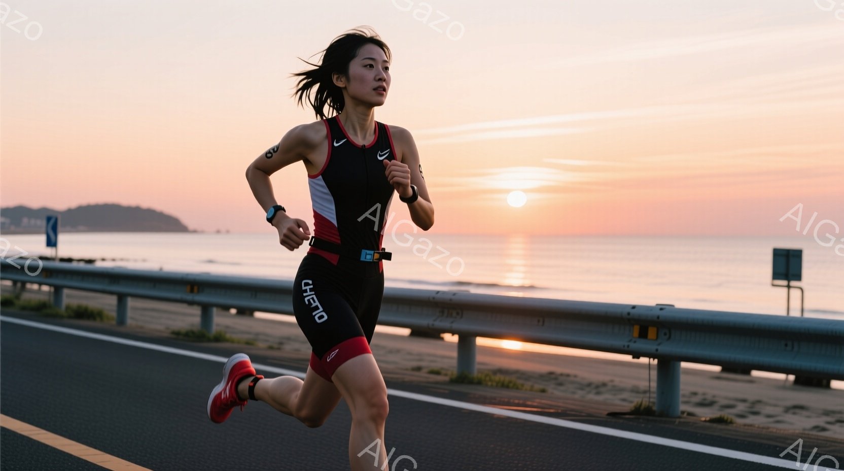 女性は、黒と赤のトライアスロンウェアと赤いランニングシューズを身に着け、海岸沿いの道路を走っている。彼女はポニーテールにし、表情は真剣で、前方に集中しているように見える。背景には穏やかな海と、夕焼けま - AI生成フリー素材