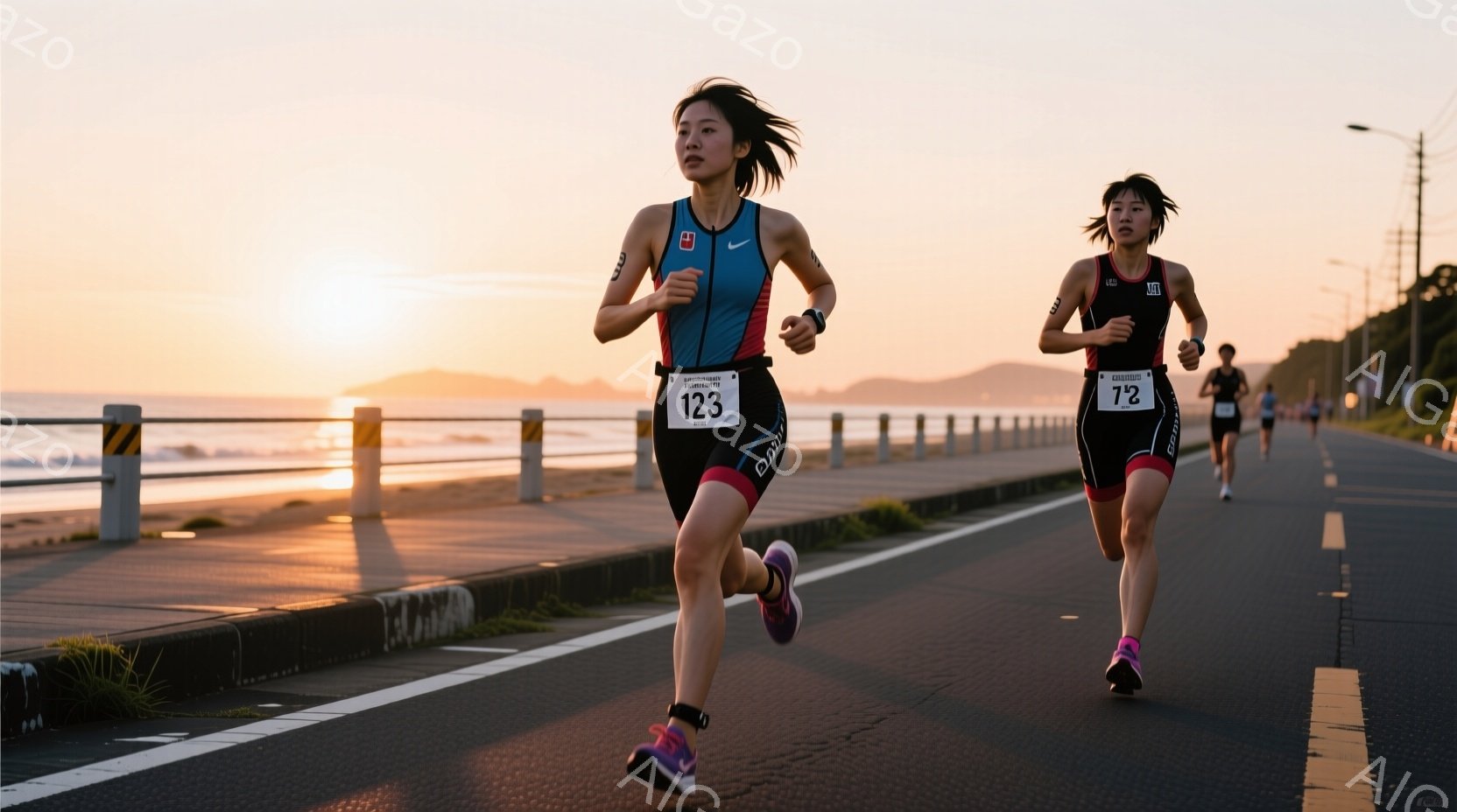 競技者はトライアスロン用のスーツを着て、アスファルトの道路を力強く走っている。彼女たちはそれぞれ胸に番号をつけ、前髪を少しだけ出したポニーテールにしている。背景には海と夕焼けが見え、競技者のシルエット - AI生成フリー素材