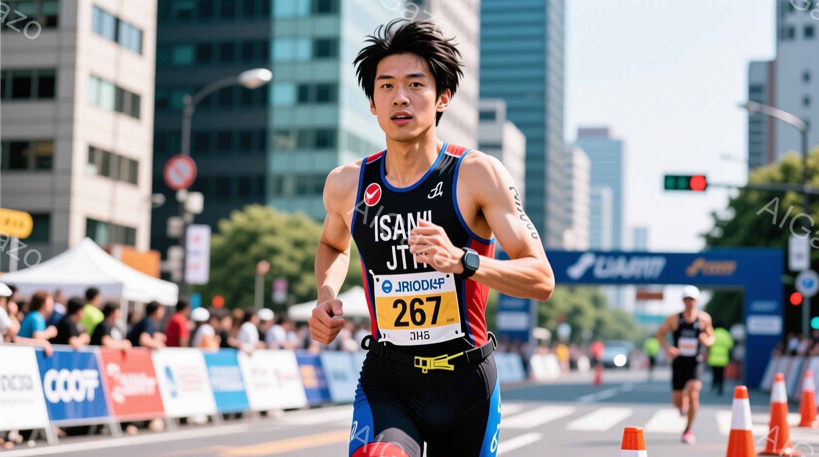 男性のトライアスロン選手が、競技中に前方を向いて走っている姿が捉えられています。彼は黒いトライスーツに赤いメッシュのベストを着用し、短髪で、集中した表情をしています。背景には高層ビルや多くの観客、コー - AI生成フリー素材