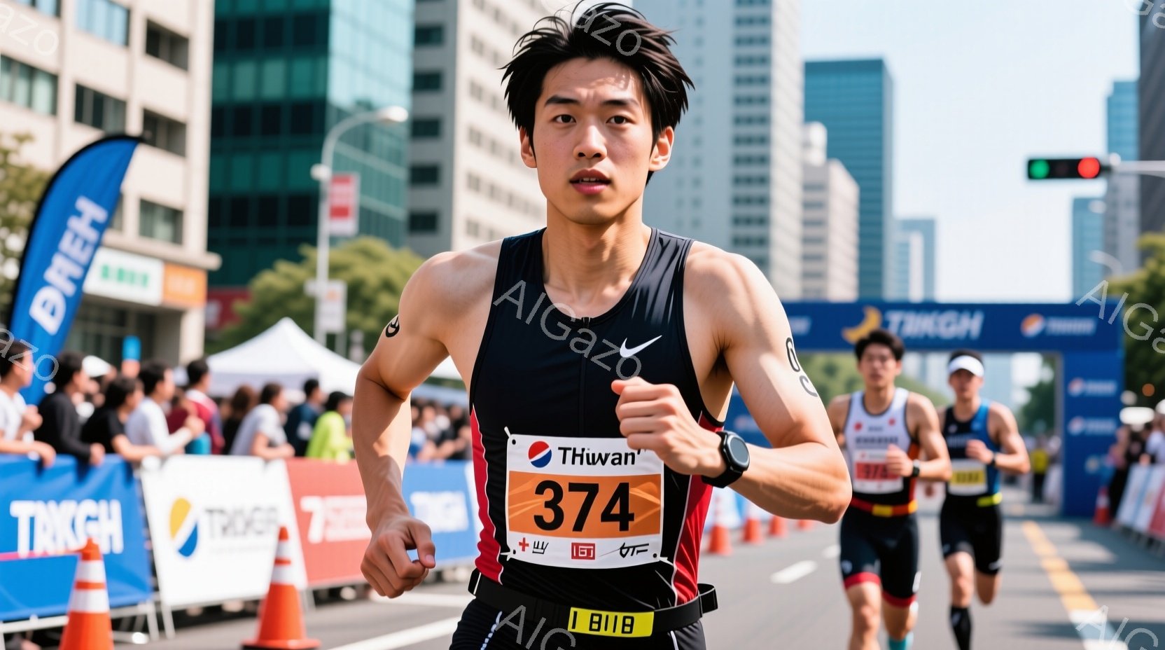 マラソンランナーがレース中に写っている写真です。彼は黒のランニングシャツと黒のショーツを着用し、赤いビブナンバー「374」を付けています。背景には高層ビルや木々が見え、晴天の下で活気のある雰囲気です。 - AI生成フリー素材