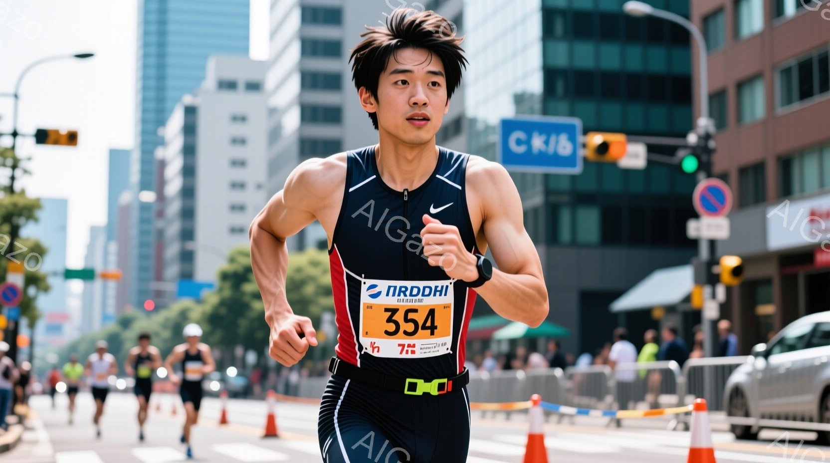 マラソンランナーが街路を疾走している写真です。彼は黒と赤のトライスーツを着ており、腰にはゼッケンをつけています。背景には高層ビルや他のランナーが見え、晴天の下で活気のある雰囲気が漂っています。 - AI生成フリー素材