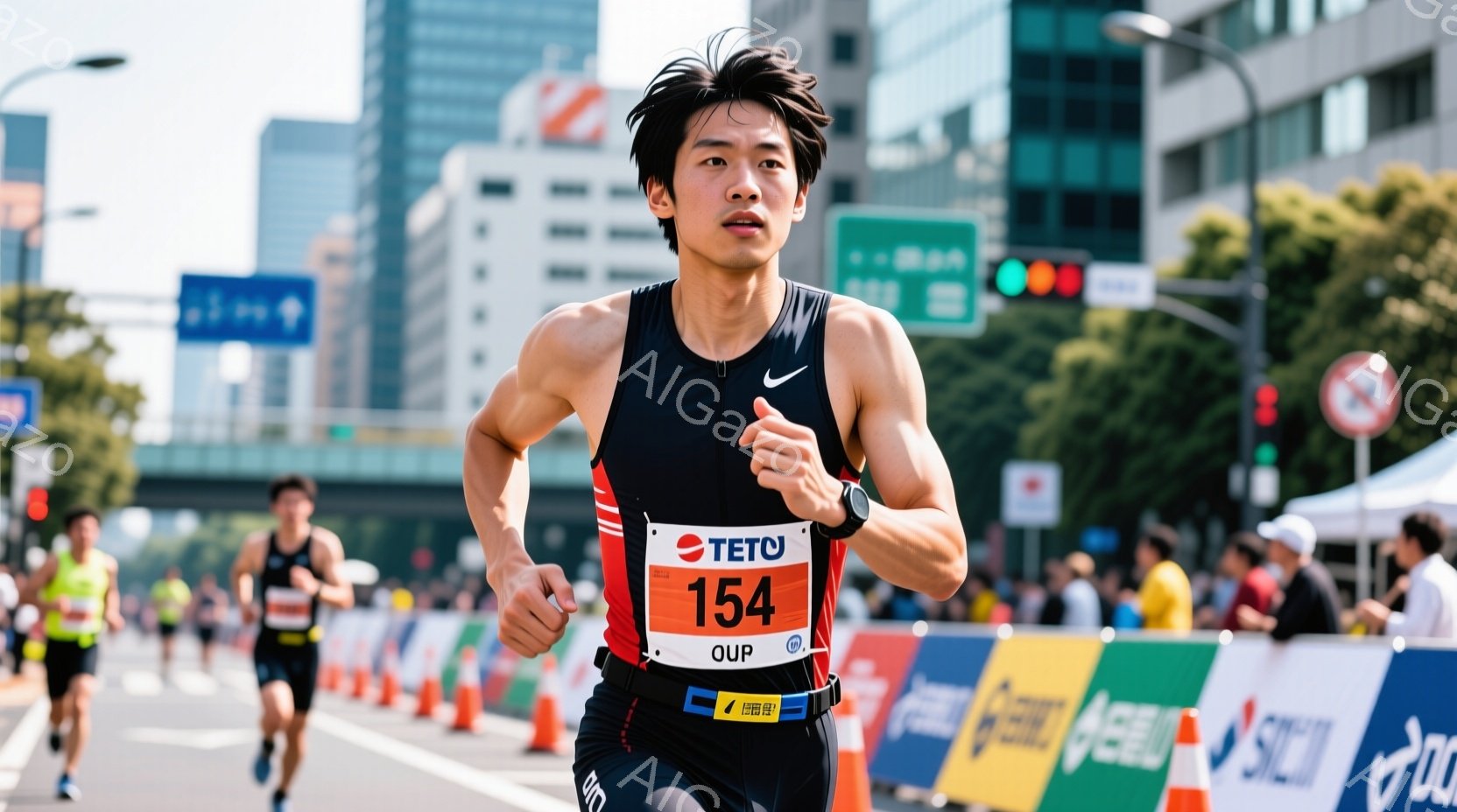 マラソンランナーが競技中に写っている写真です。彼は黒のタンクトップとショートパンツを着用し、腰にはゼッケンをつけています。背景には高層ビルや他のランナーが見え、晴れた日の屋外での競技が行われていること - AI生成フリー素材