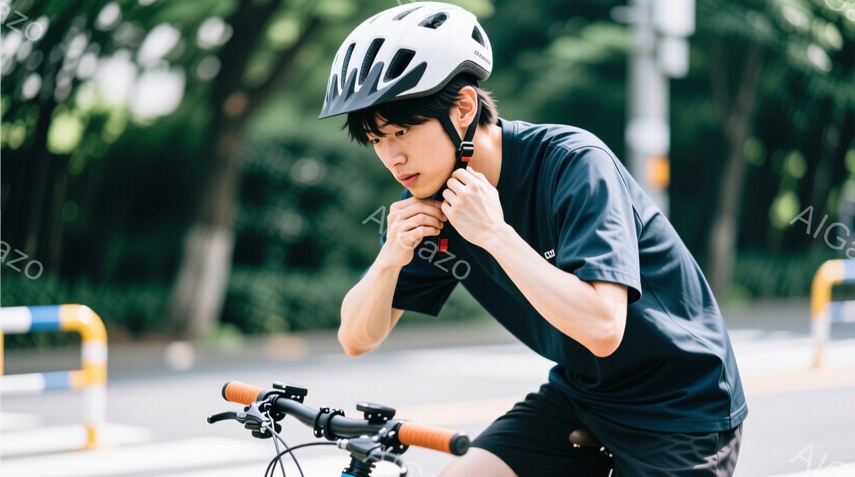 若い男性が自転車に乗り、ヘルメットのあご紐を締めている様子が写っている。彼は黒の半袖シャツと短パンを着用し、黒髪を短く整えている。背景には緑豊かな木々が見え、晴れた日の屋外で自転車に乗る準備をしている様子が伺える。