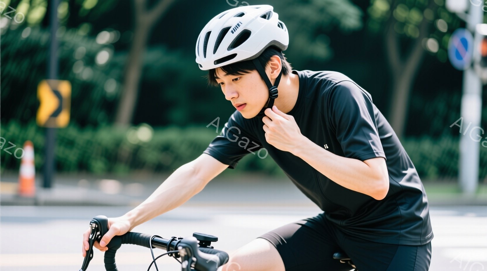 黒のサイクリングウェアとヘルメットを着用した男性が、自転車に乗って道路に立っている。彼はわずかに前かがみになり、集中した表情でヘルメットのストラップを調整している。背景には道路標識や緑豊かな木々が見え - AI生成フリー素材