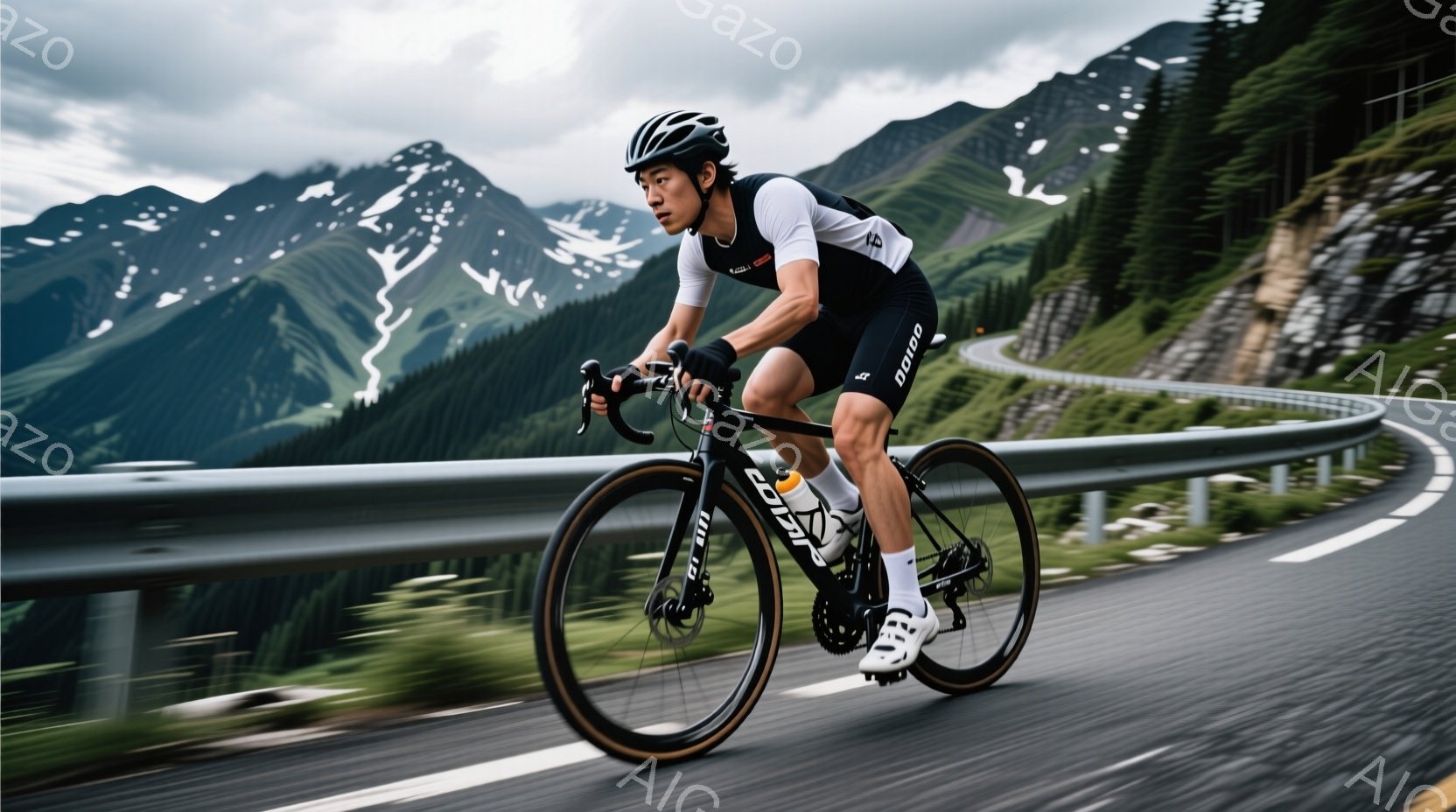 自転車に乗った男性が、山の曲がりくねった道路を疾走している。彼は黒のヘルメット、黒と白のサイクリングウェア、そして白いサイクリングシューズを身に着け、真剣な表情でハンドルを握っている。背景には、緑豊か - AI生成フリー素材