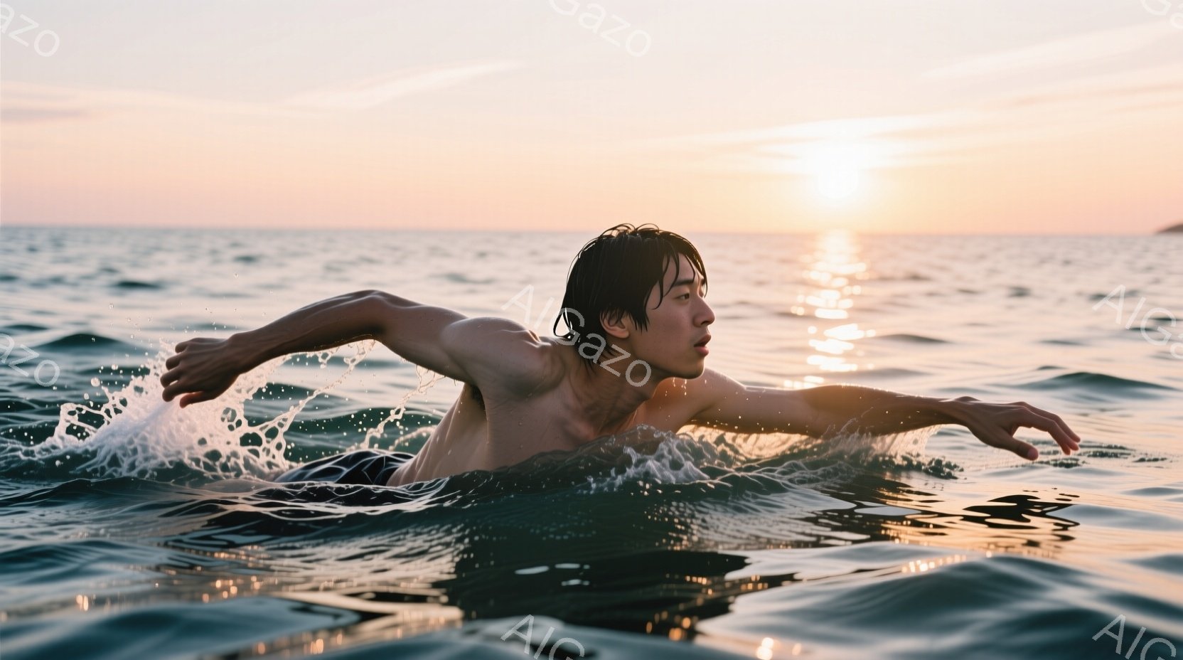 一人の男性が海でクロール泳ぎをしている。彼は上半身裸で、濡れた黒髪が額にかかっている。背景には夕焼けが広がり、海面はオレンジ色に輝いており、穏やかで美しい雰囲気を醸し出している。 - AI生成フリー素材