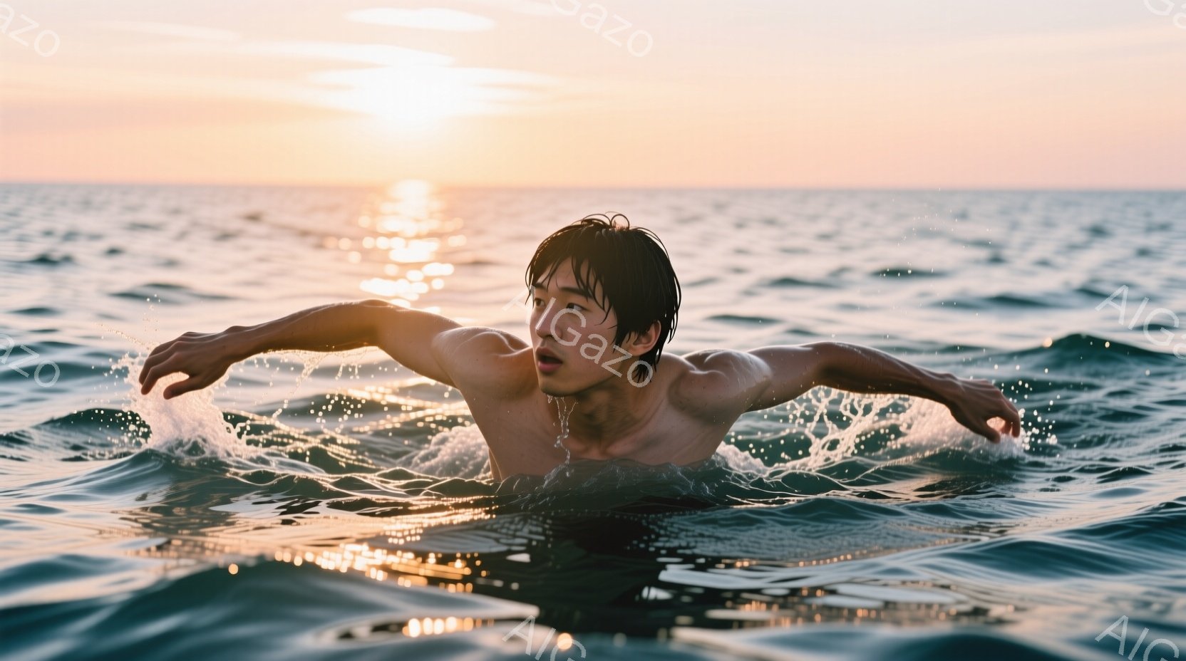 青年が海中で泳いでいる様子が捉えられています。彼は上半身裸で、濡れた髪を後ろに撫でつけ、力強く腕を広げて前進しています。背景には夕焼け空が広がり、水面には光の反射が見られ、穏やかで力強い雰囲気を醸し出しています。