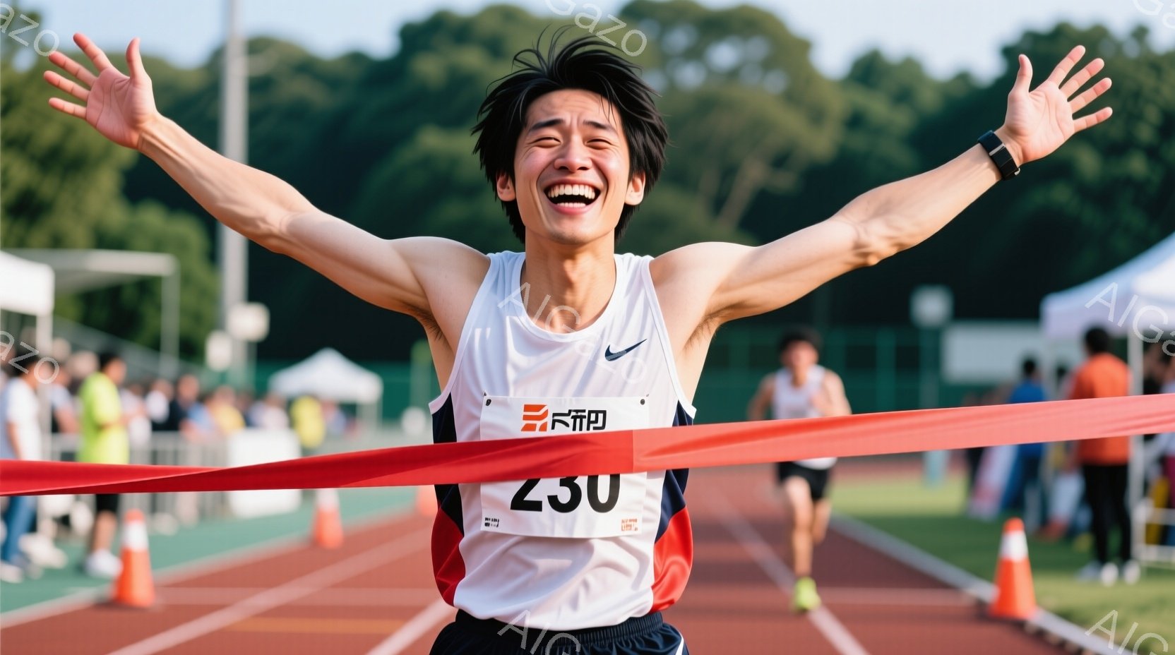 競技者が赤いフィニッシュラインを通過し、両手を高く上げて勝利を喜んでいる様子が写っている。彼は黒いショートパンツと白いタンクトップを着ており、タンクトップには「230」のゼッケンとスポンサーロゴが描かれている。背景にはトラック競技場、観客席、そして緑豊かな木々が見え、晴天の下、活気にあふれた競技会の雰囲気が伝わってくる。