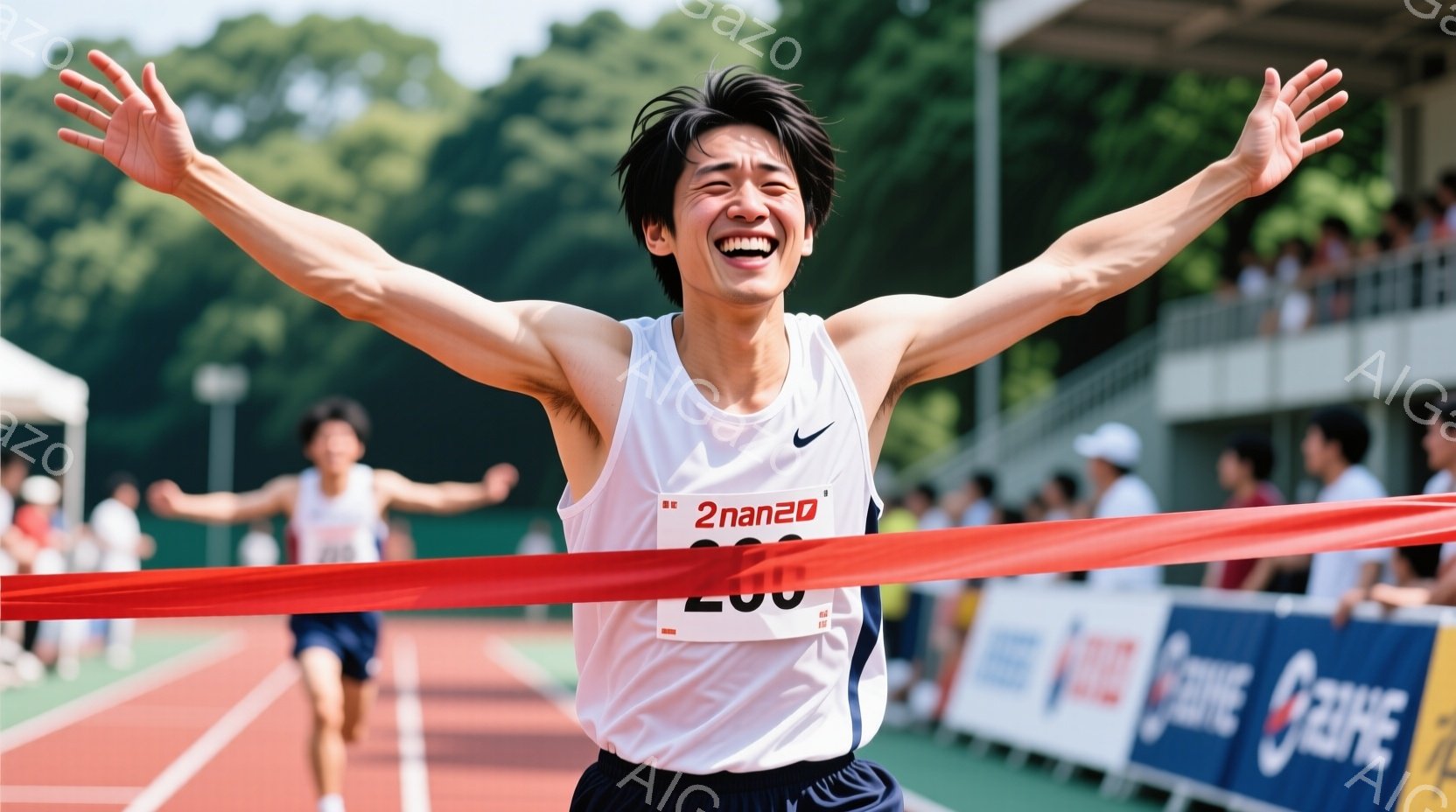 白いランニングシャツと黒の短パンを身につけた若い男性が、フィニッシュラインを駆け抜けて歓喜の表情を浮かべている。彼は両腕を大きく広げ、顔は笑顔で輝いており、髪は短く整えられている。背景には緑豊かな木々と観客席が見え、晴天の下、スポーツイベントの熱気が伝わってくる。