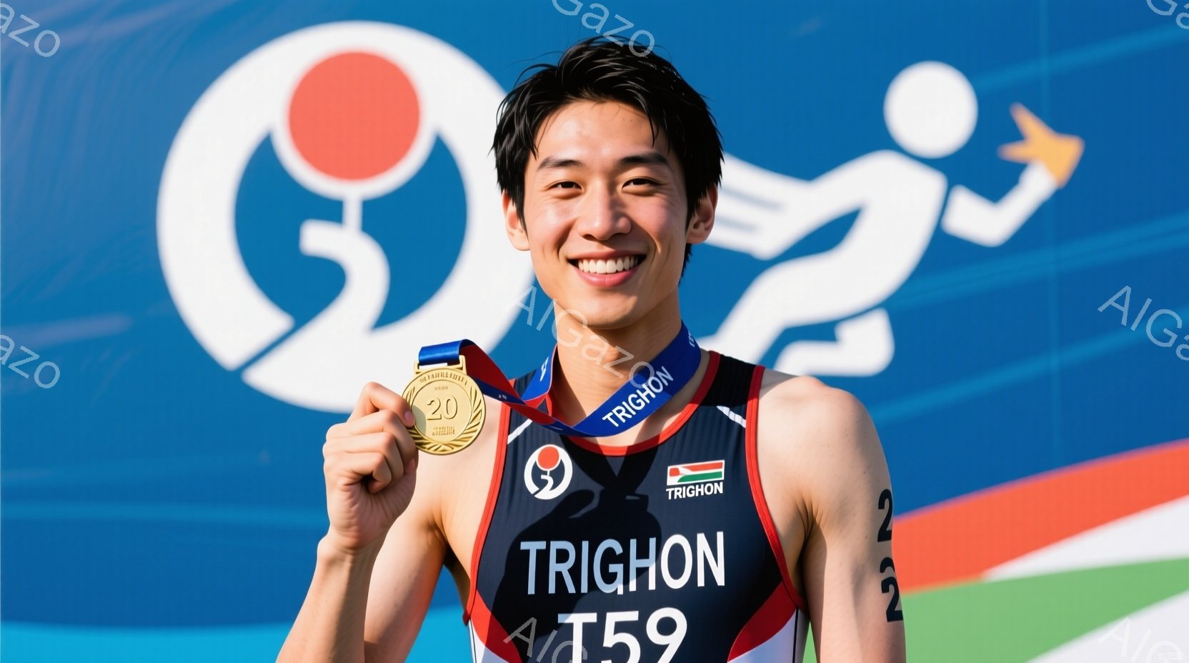 トリクソンと書かれた黒と赤のトライアスロン用のスーツを着た若い男性のクローズアップです。彼は明るい笑顔でカメラに向かってポーズを取り、首には金メダルをかけています。背景には、青、緑、赤のグラデーション - AI生成フリー素材