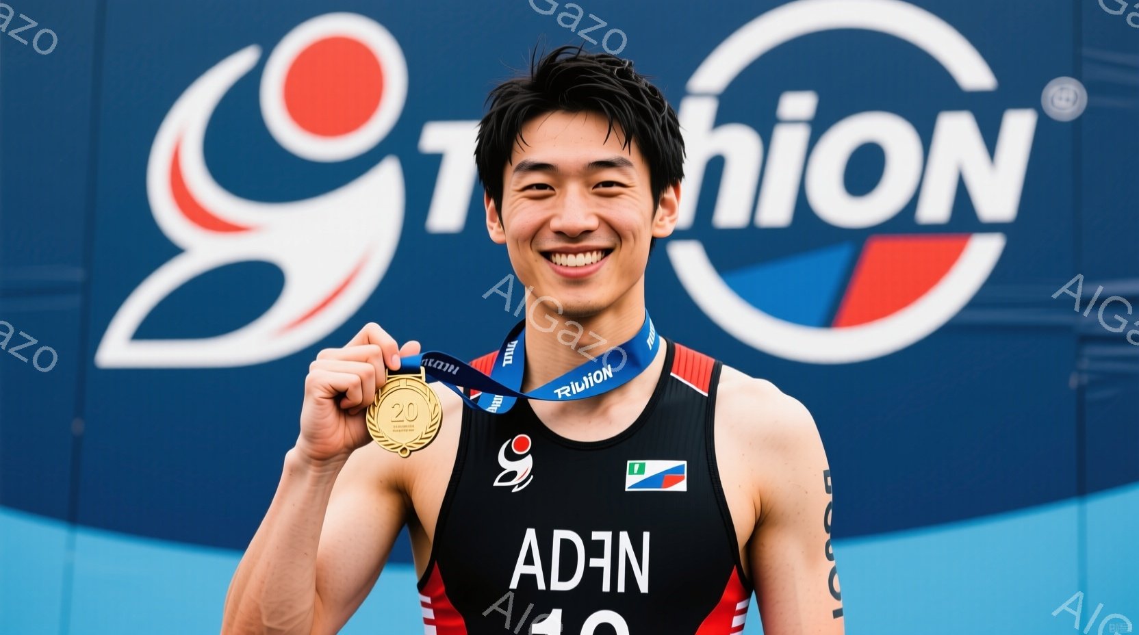 競技場でメダルを首から下げ、満面の笑みを浮かべている若い男性アスリートが写っています。黒色のトライアスロンウェアに日本の国旗のワッペンがついており、髪型は短髪で整えられています。背景には、青い背景に白 - AI生成フリー素材